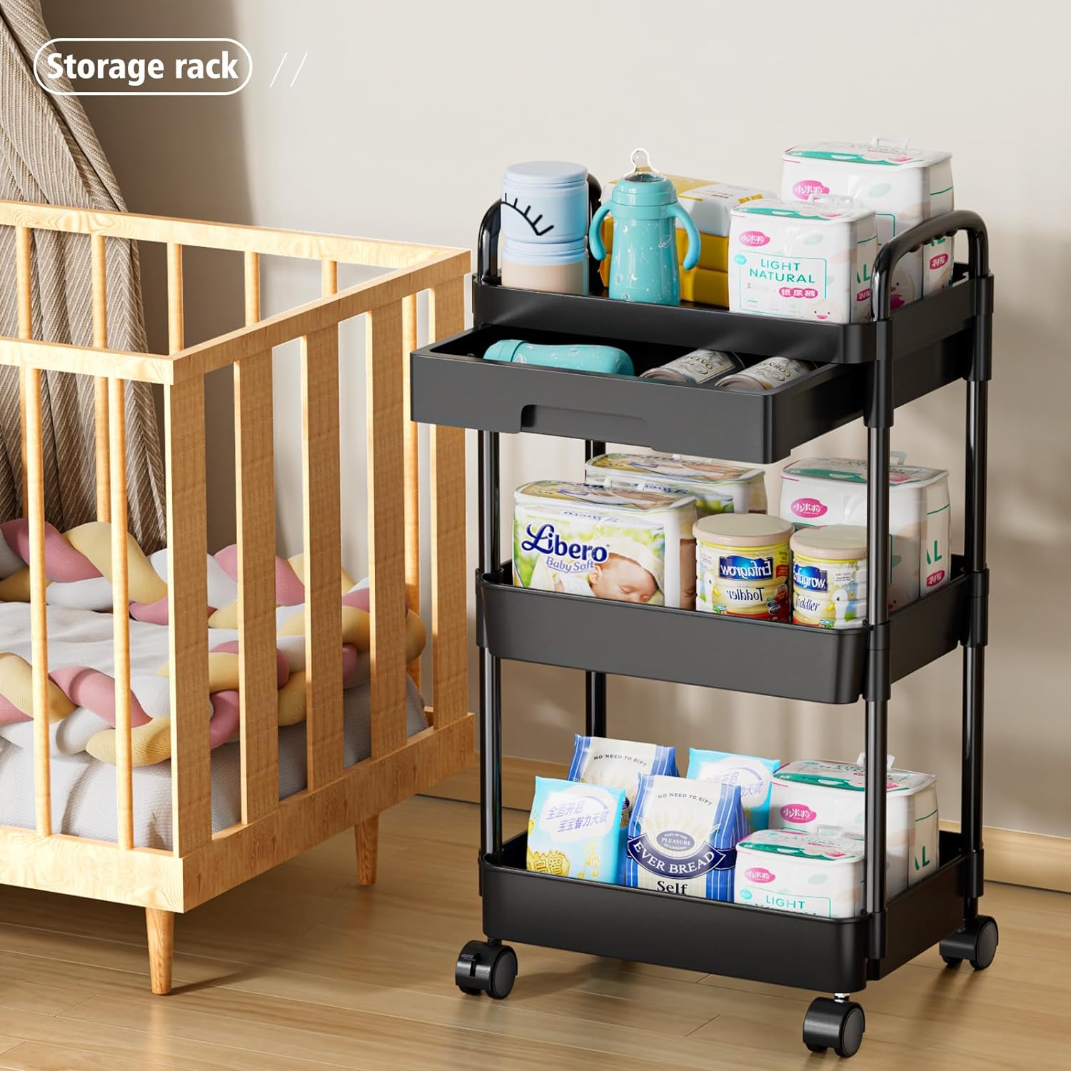 Moonval Multifunction Rolling Storage Cart, Mobile Multi-Tier Organizer for Kitchen, Bathroom & Laundry