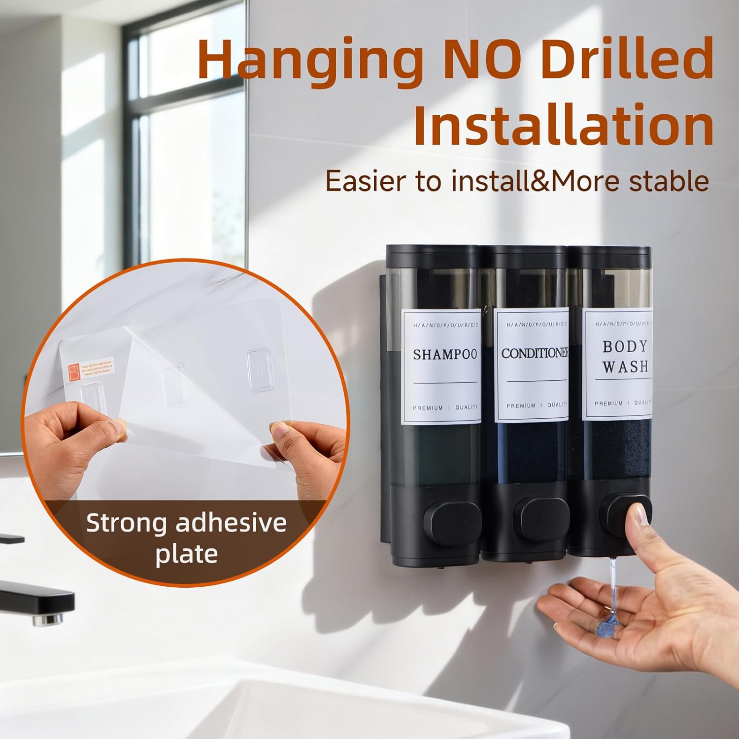 Moonval 3-Chamber Shower Dispenser, No-Drill Wall-Mounted Shampoo & Soap Organizer