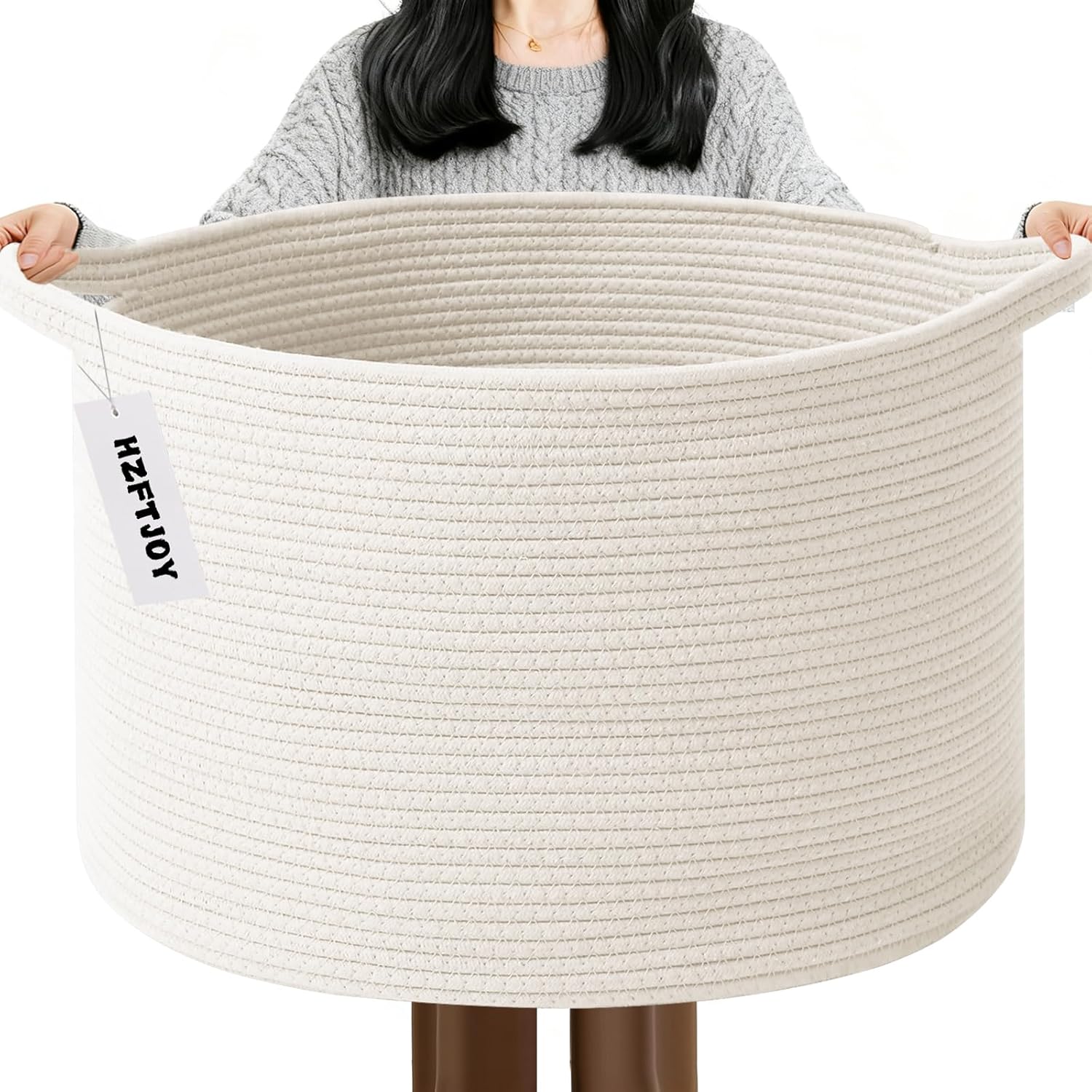 Moonval Woven Blanket Basket, Cotton Rope Storage Hamper with Handles for Laundry, Toys & Blankets