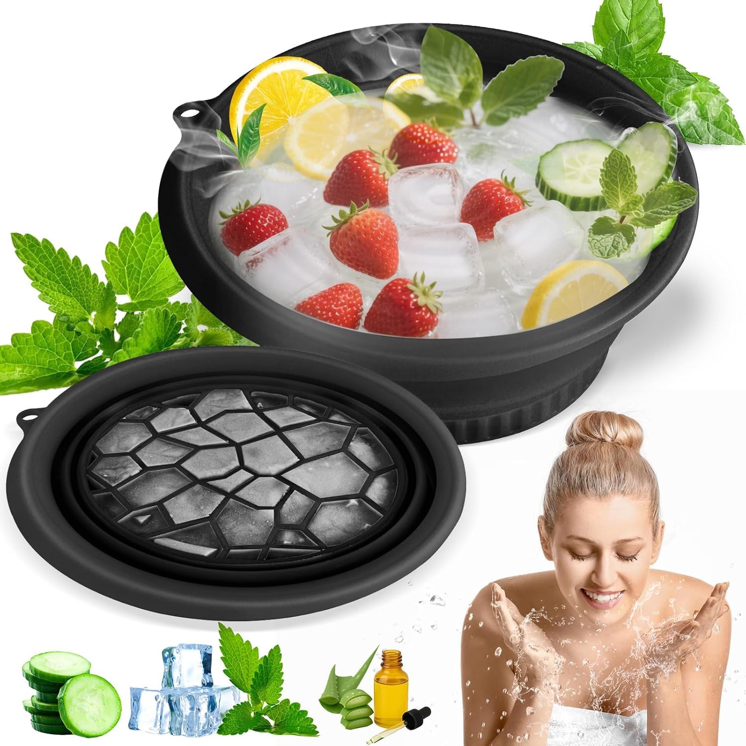 Moonval Collapsible Silicone Facial Ice Bath Bowl, Portable Face Cooling Basin