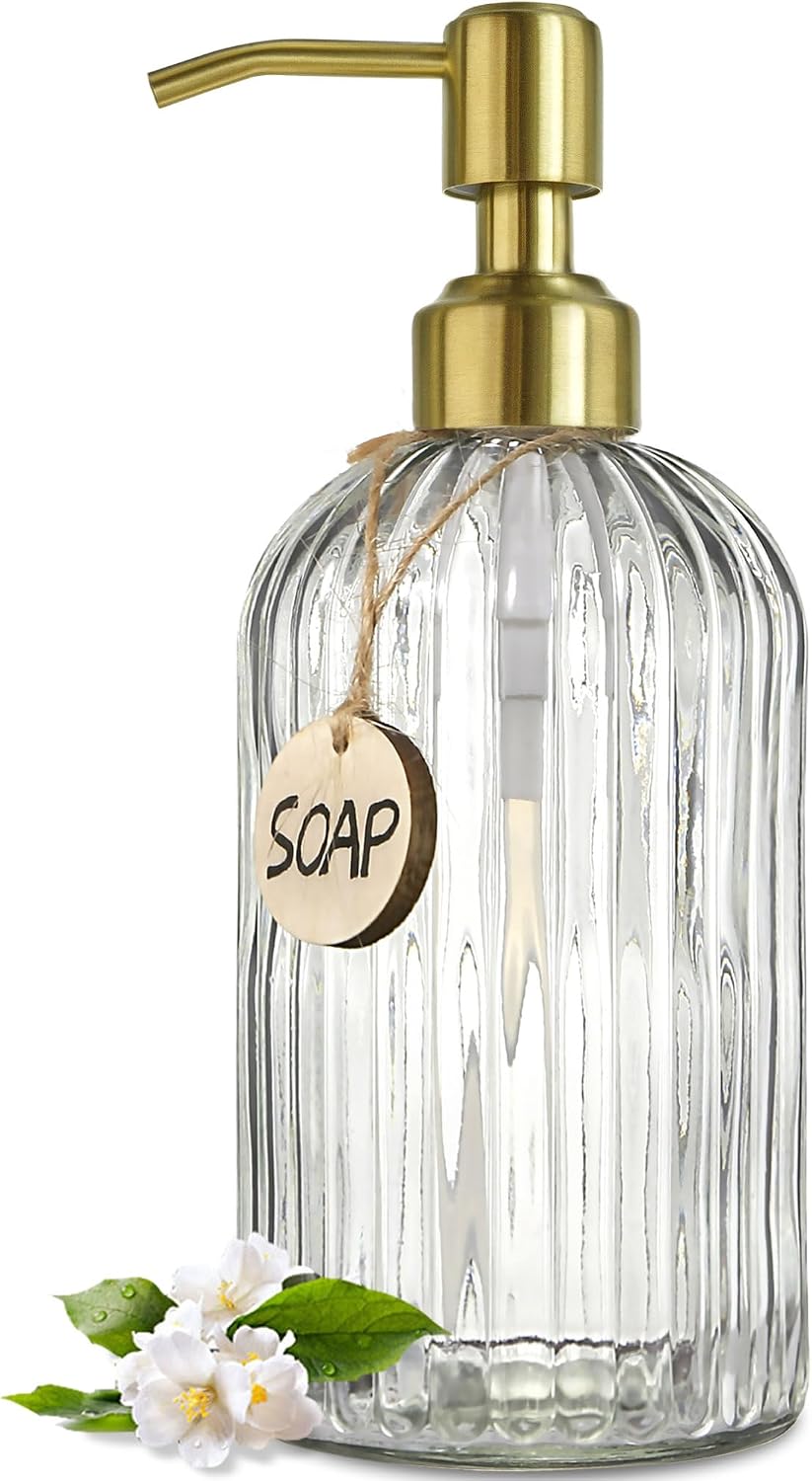 Moonval Glass Soap Dispenser, 18 oz Refillable Bottle with Rustproof Stainless Steel Pump