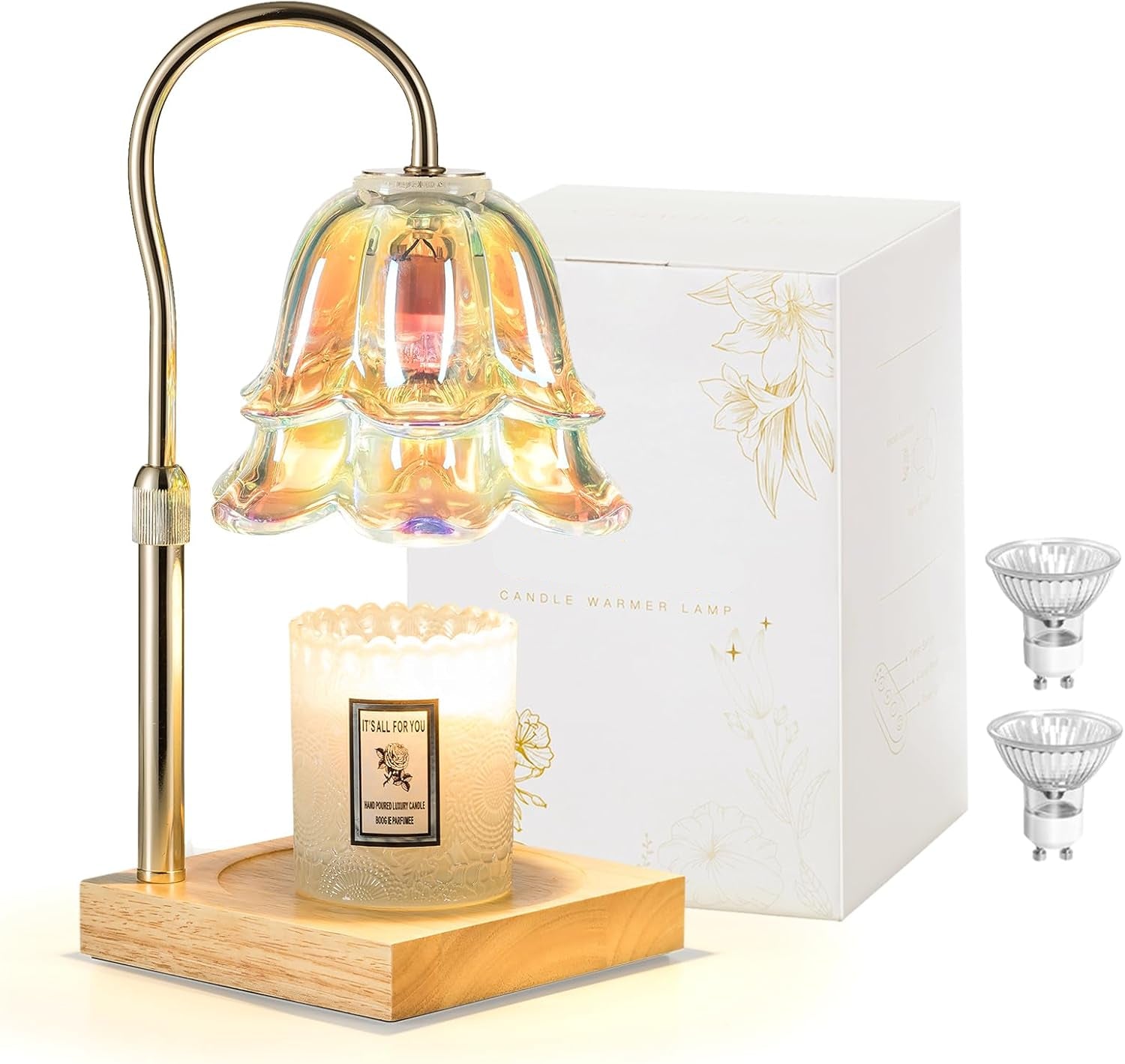 Moonval Candle Warmer Lamp, Height-Adjustable Dimmable Wax Warmer with Timer for Jar Candles, Gold