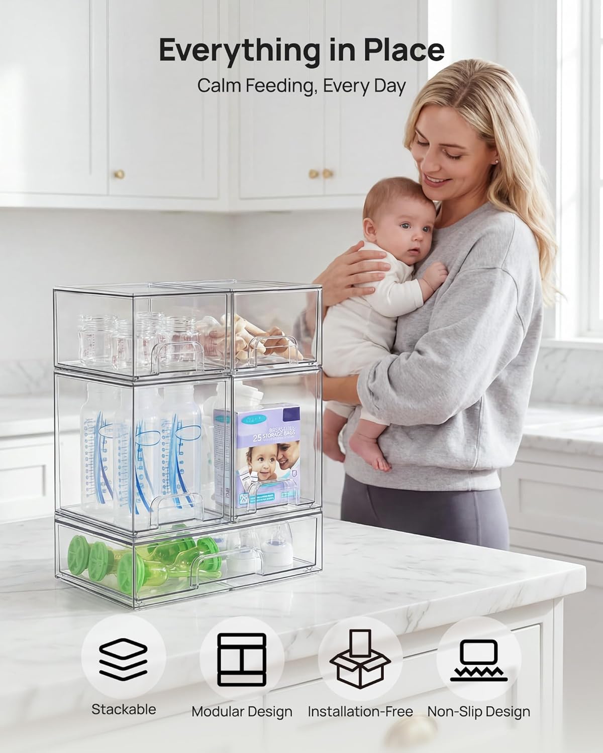 Moonval Stackable Storage Drawers, 5-Pack Clear Plastic Organizer Bins for Kitchen, Bathroom & Pantry