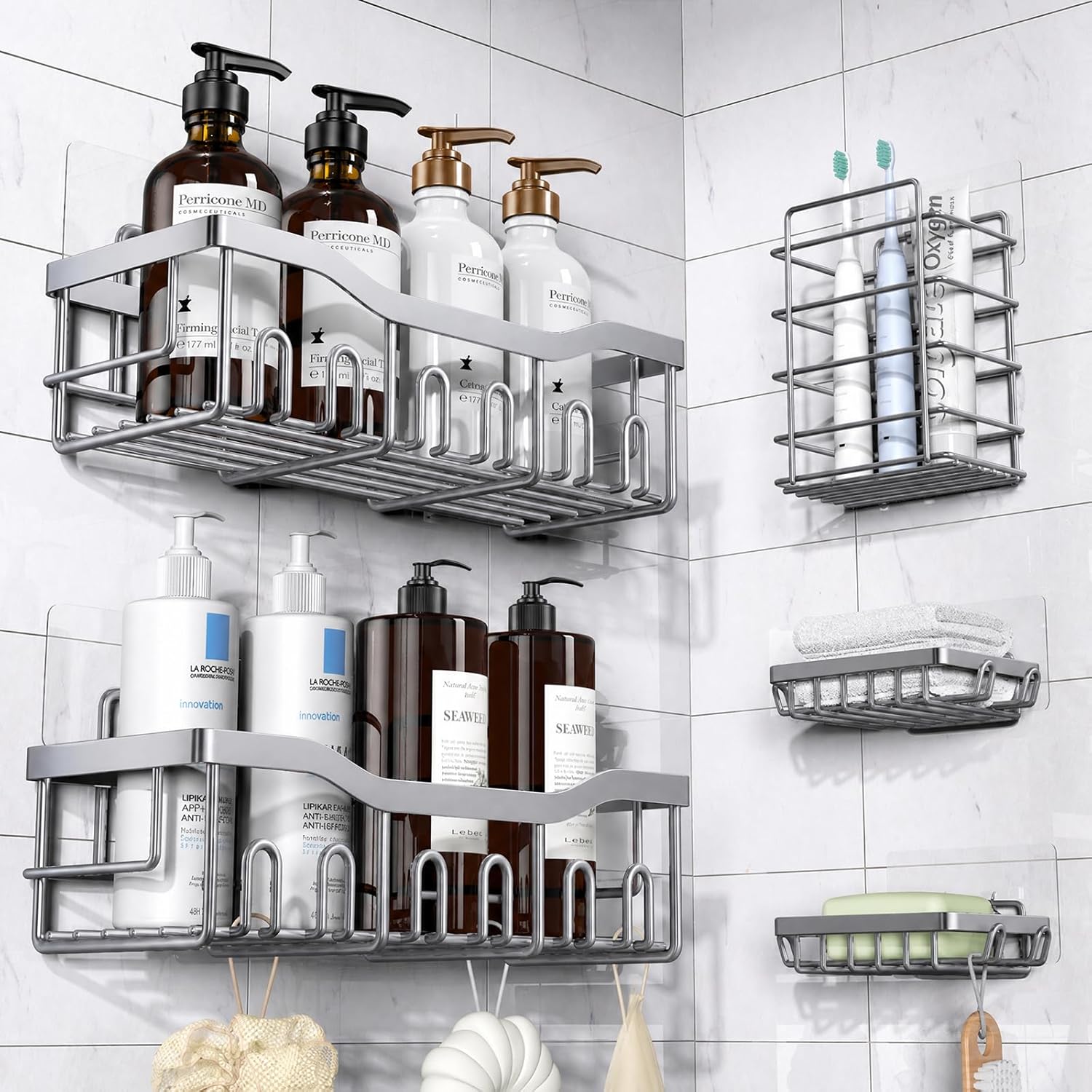 Moonval Adhesive Shower Caddy, 5-Pack Rustproof Stainless Steel Bathroom Organizer Shelves