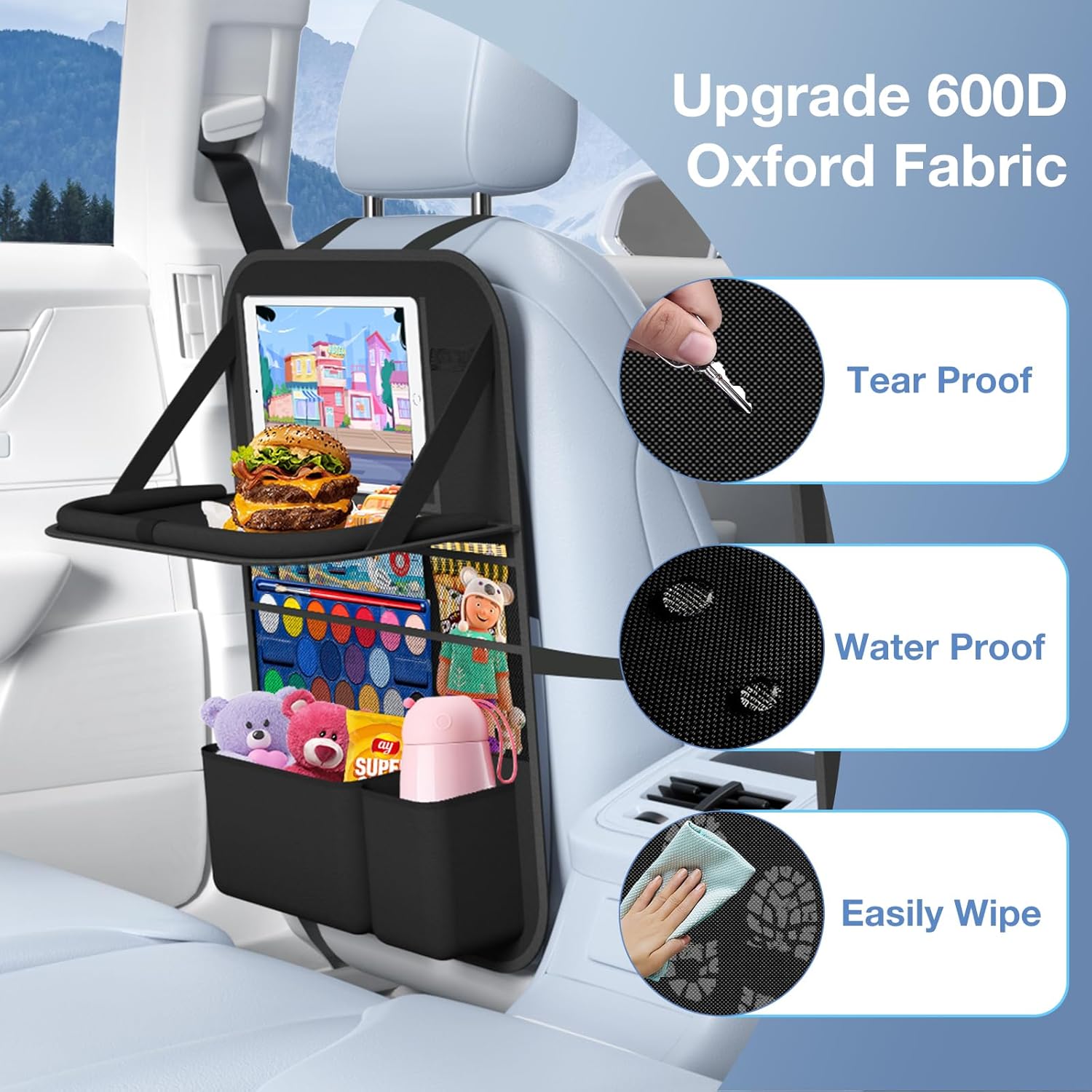 Moonval Backseat Car Organizer, 2-Pack Seat Protectors with Foldable Tray, Tablet Holder & 9 Pockets