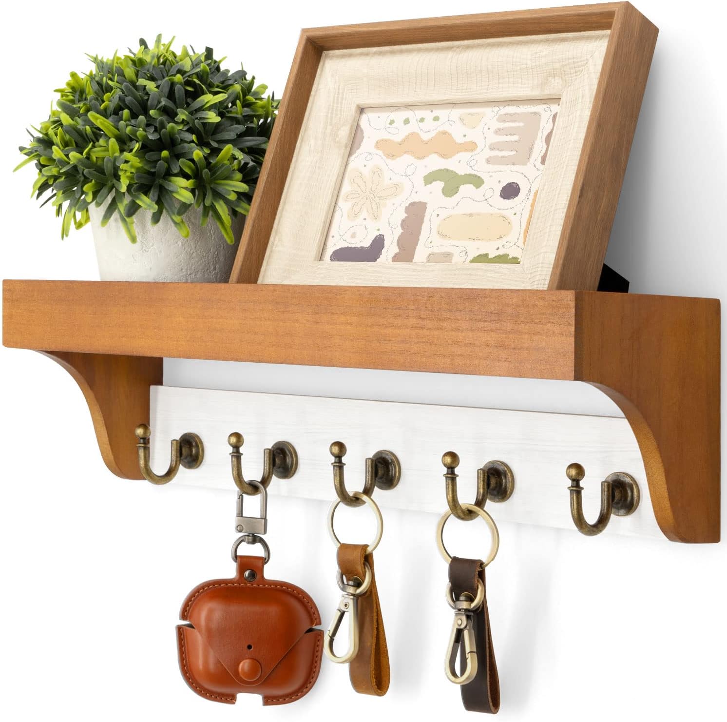 Moonval Wall Key Holder, Wooden Mail Organizer with Floating Shelf & 5 Hooks for Entryway