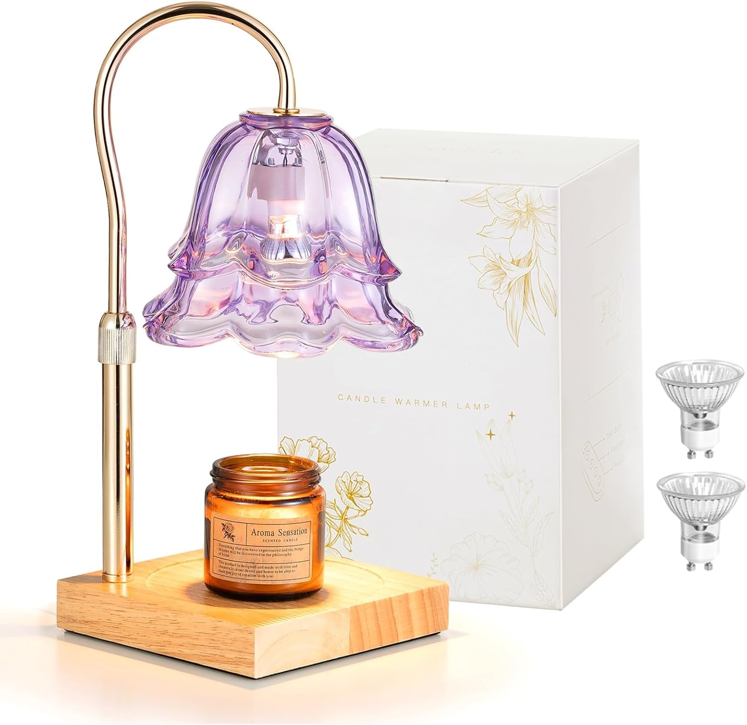 Moonval Candle Warmer Lamp, Height-Adjustable Dimmable Wax Warmer with Timer for Jar Candles, Gold