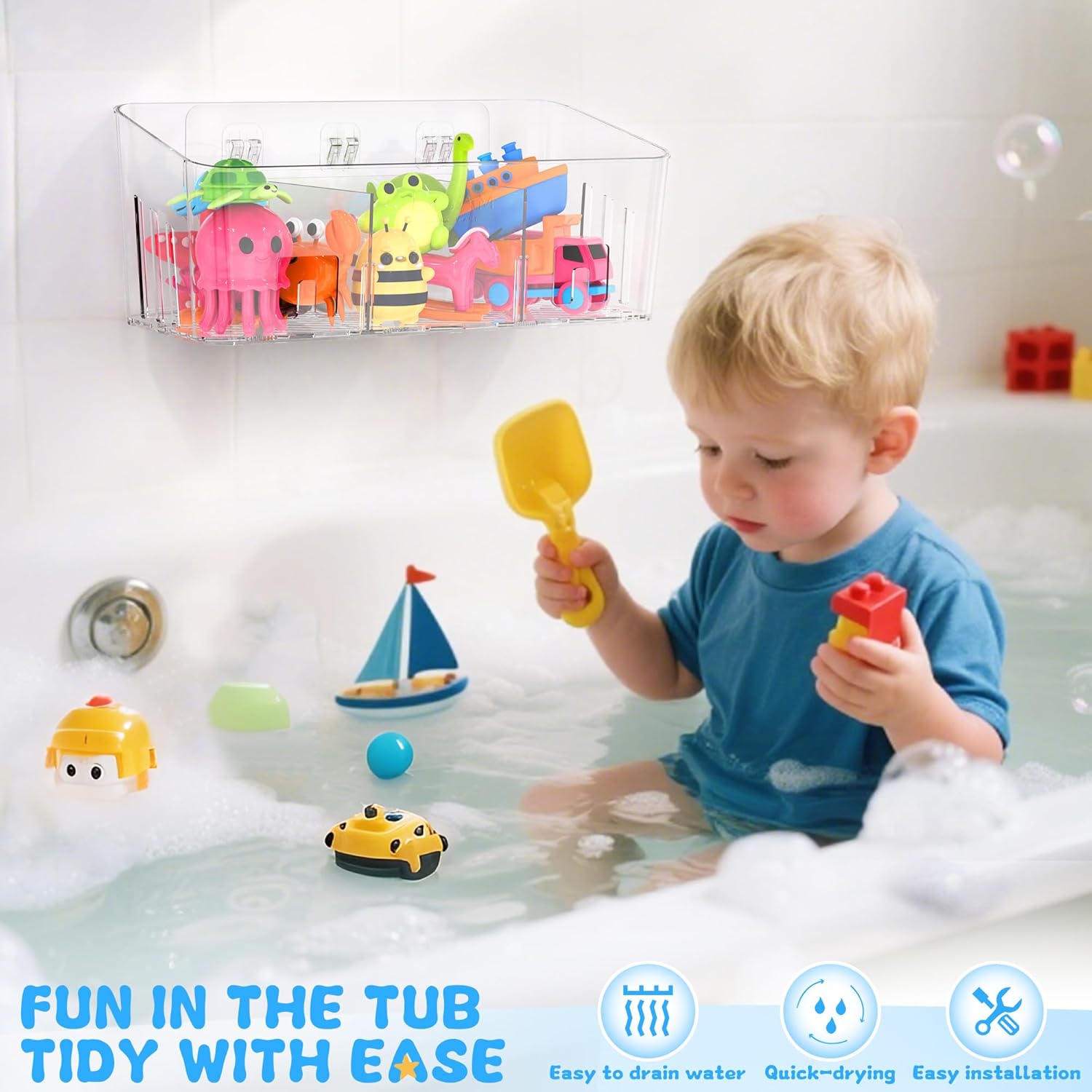 Moonval Bath Toy Organizer, Quick-Dry Mesh Storage Bins with 3 Compartments for Baby & Kids Toys