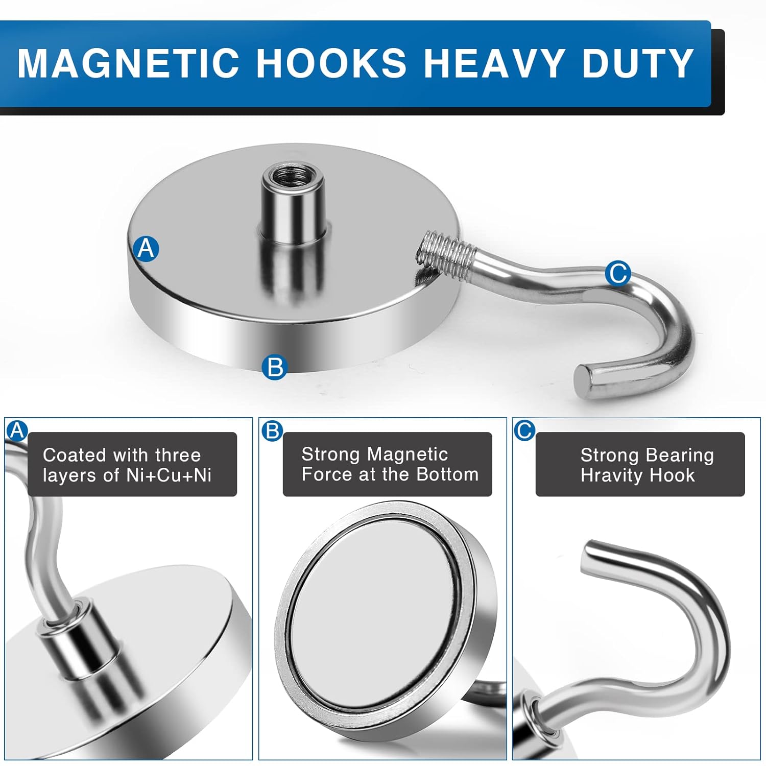 Moonval Steel Magnetic Hooks, Rust-Resistant No-Drill Hangers for Fridge, Set of 4