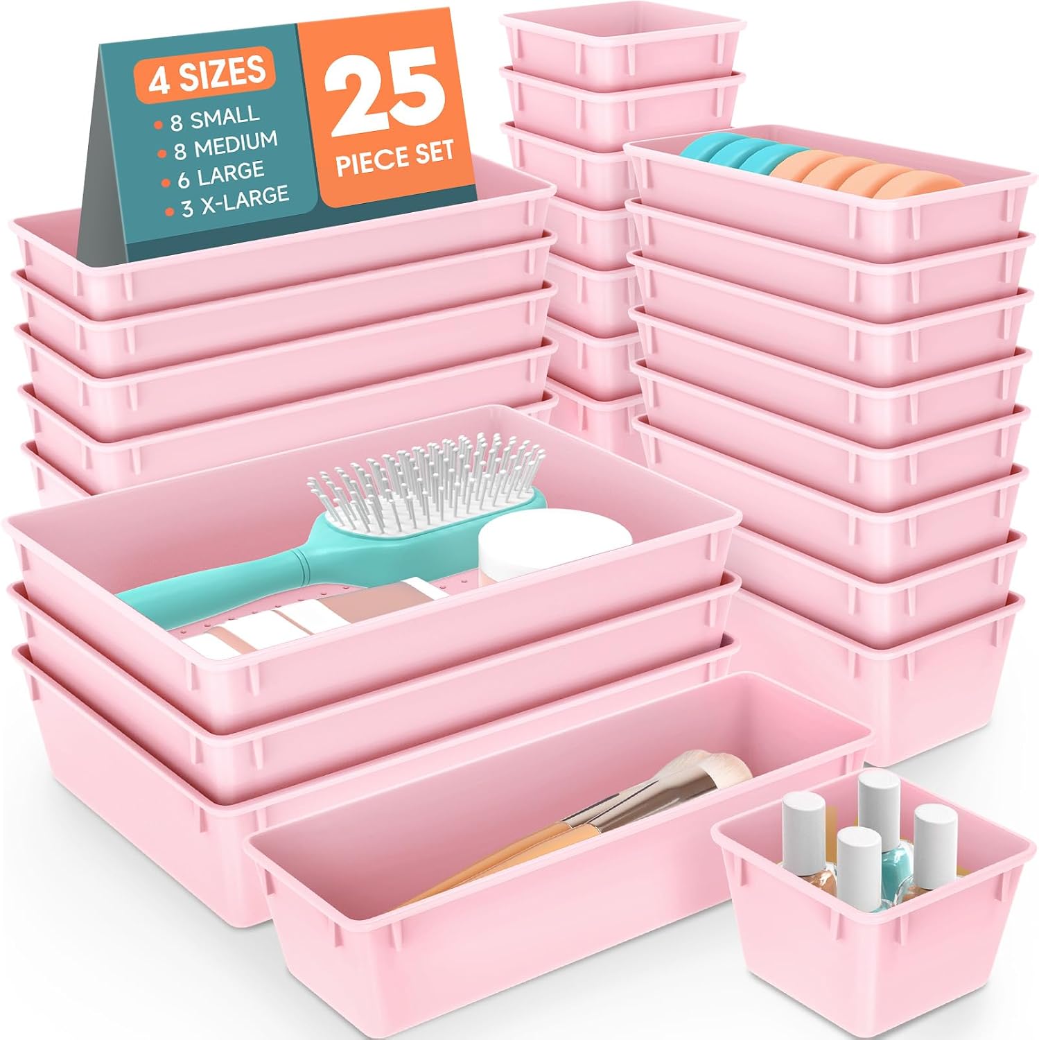 Moonval Clear Drawer Organizer Set, 25-Piece Plastic Storage Trays for Kitchen, Bathroom & Office