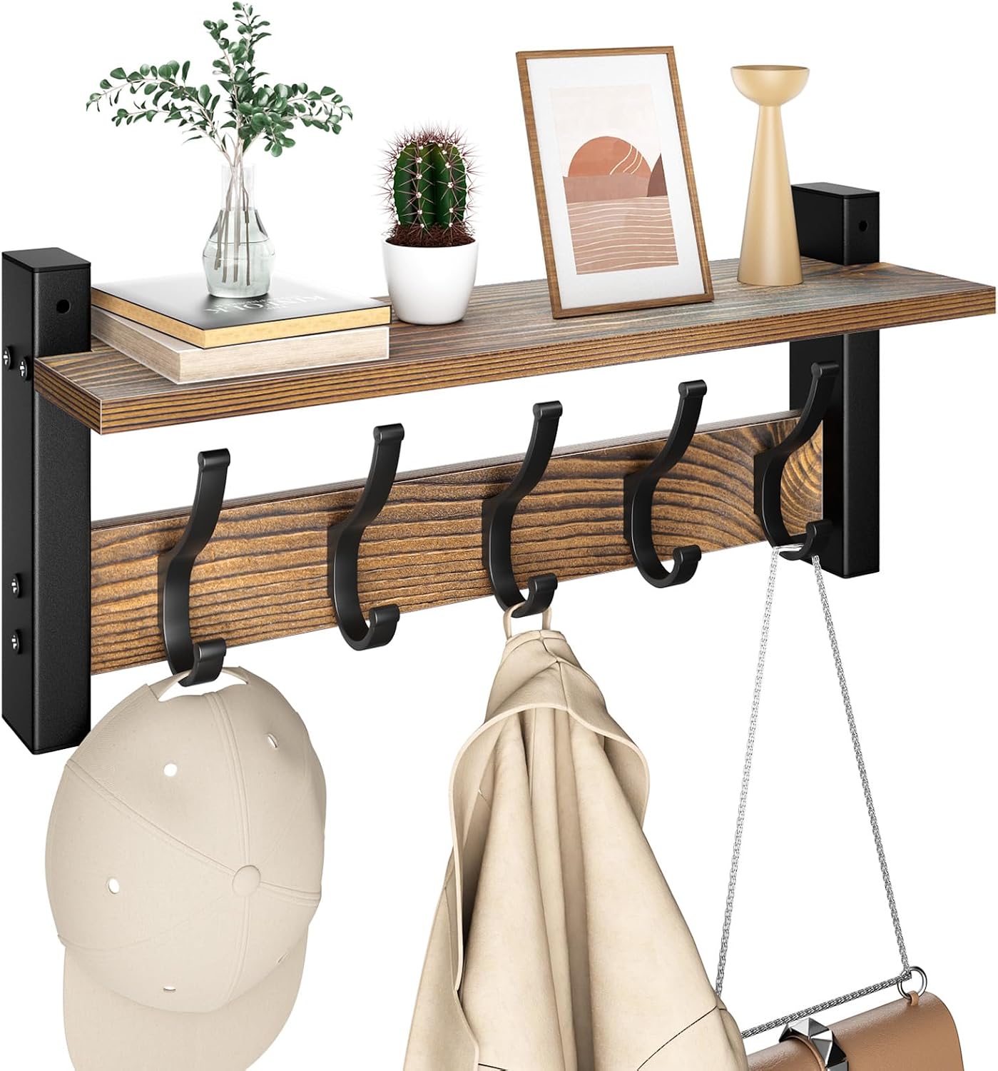 Moonval Wall Mounted Coat Rack, Entryway Shelf with 5 Metal Hooks for Coats, Keys, Hats & Bags