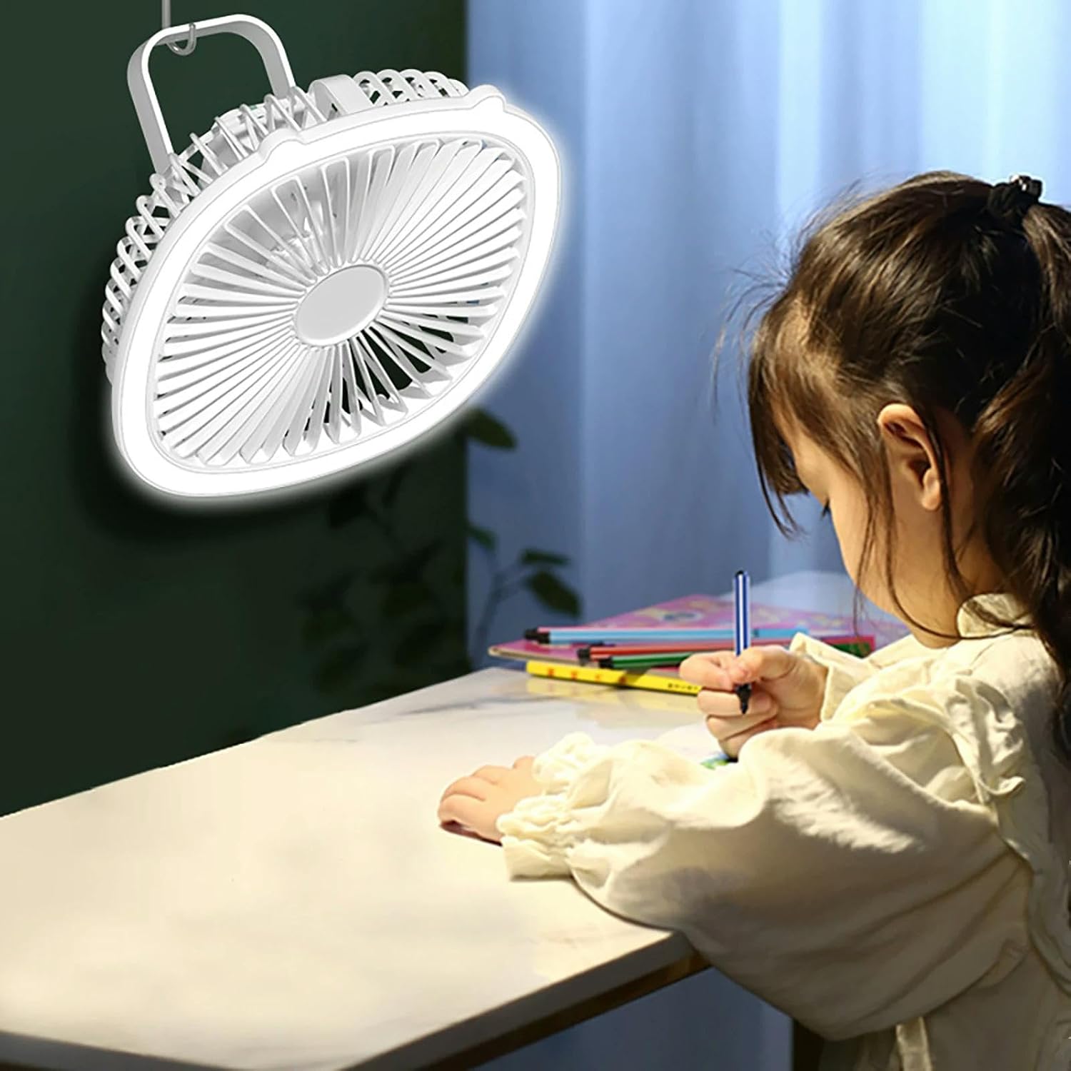 Moonval Portable Desk Fan with LED Light, Rechargeable 2-in-1 Quiet USB Cooling Fan