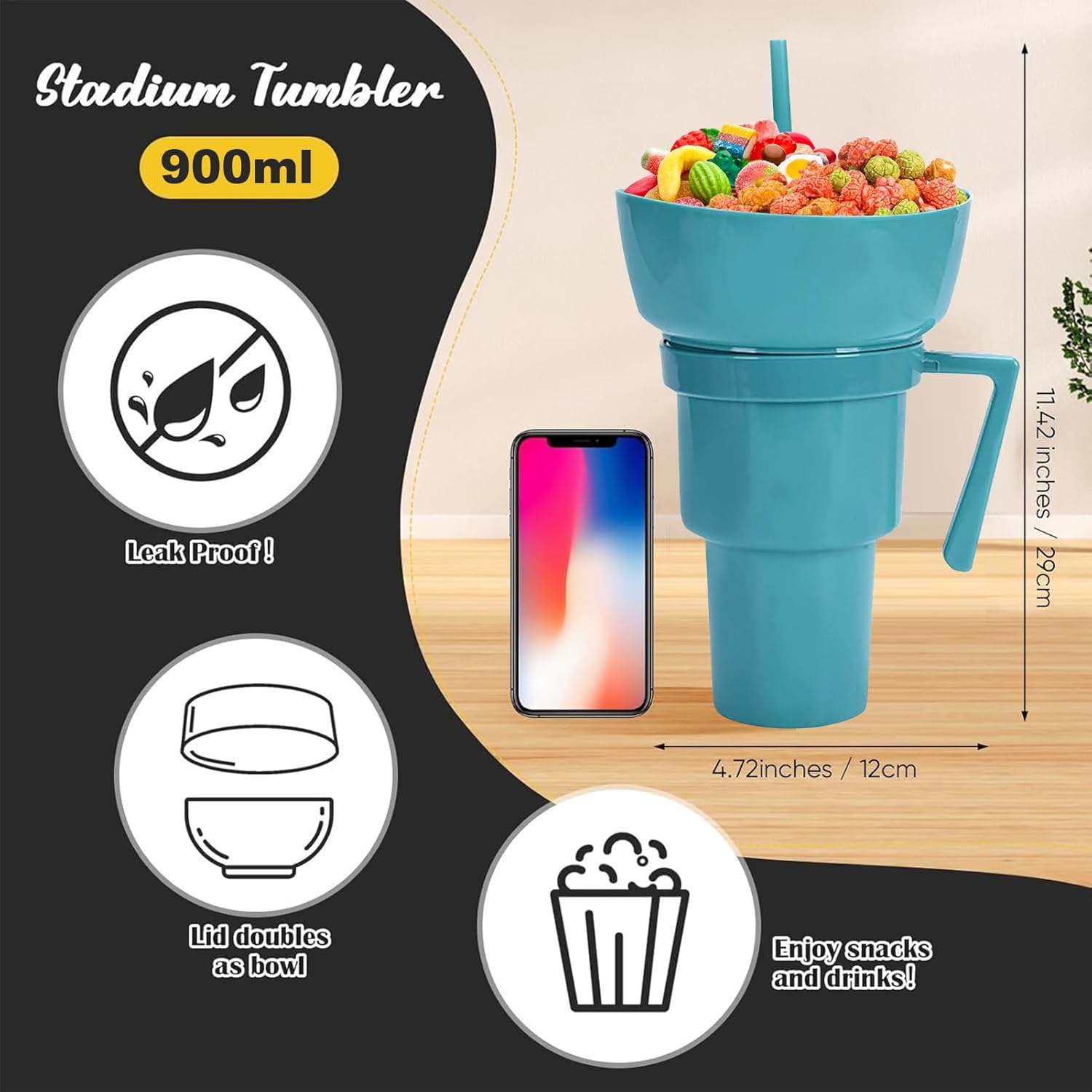 Moonval 2-in-1 Snack & Drink Cup with Snack Bowl, Leakproof Travel Tumbler 900ml