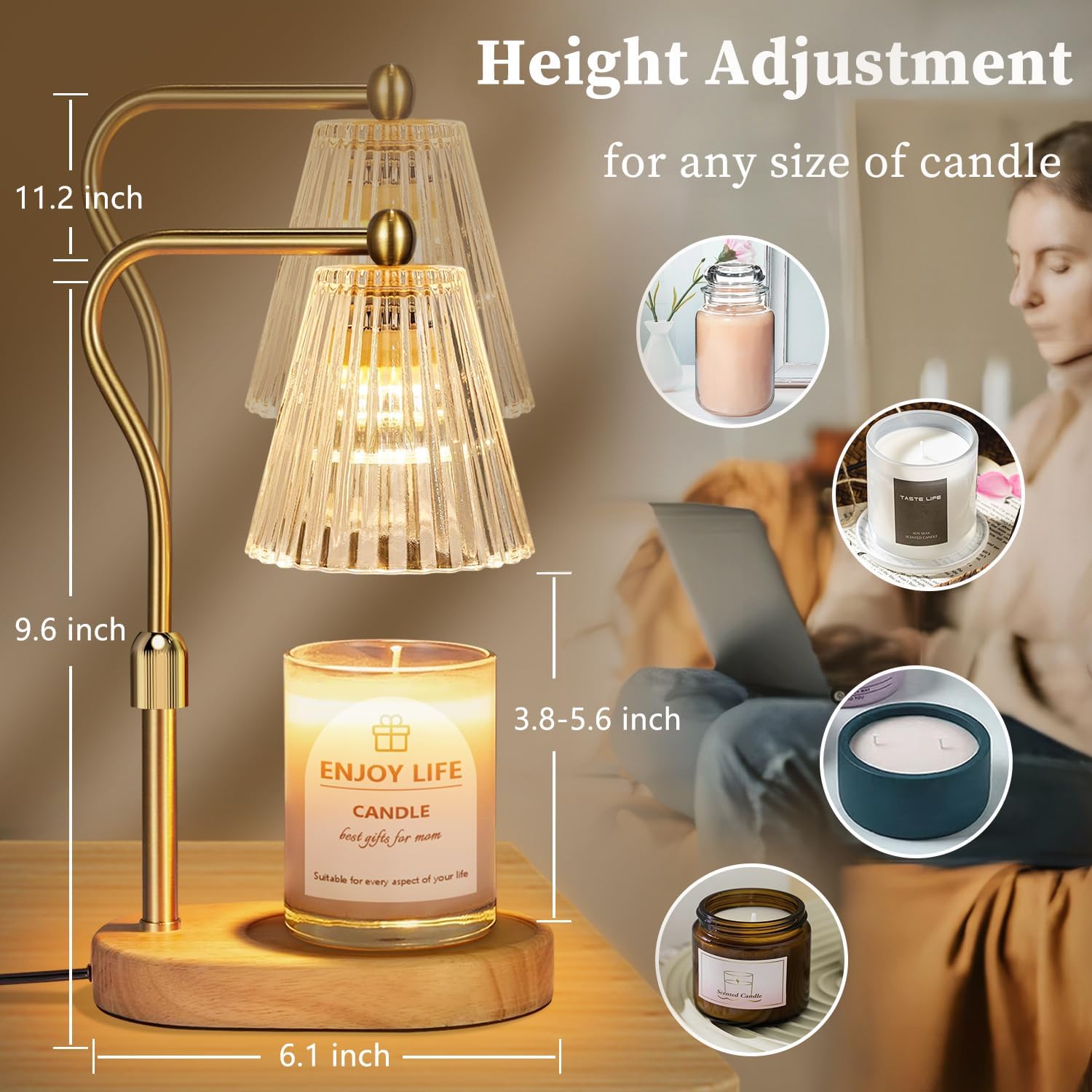 Moonval Candle Warmer Lamp, Dimmable Height-Adjustable Wax Warmer with Timer for Jar Candles