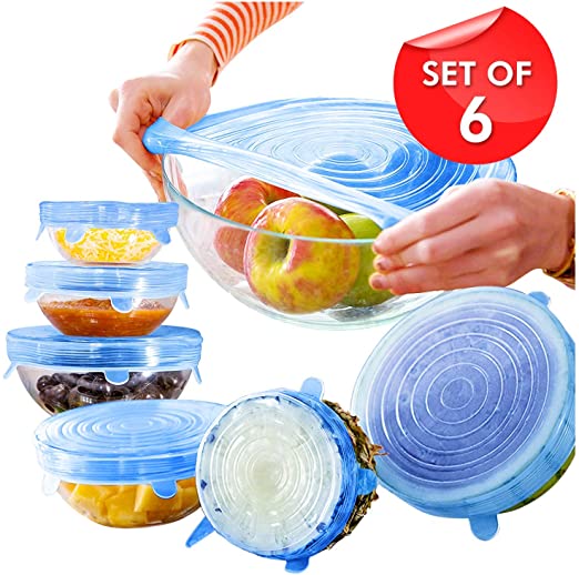 Moonval Reusable Silicone Stretch Lids, 6-Pack Food Storage Covers for Bowls, Cups & Containers