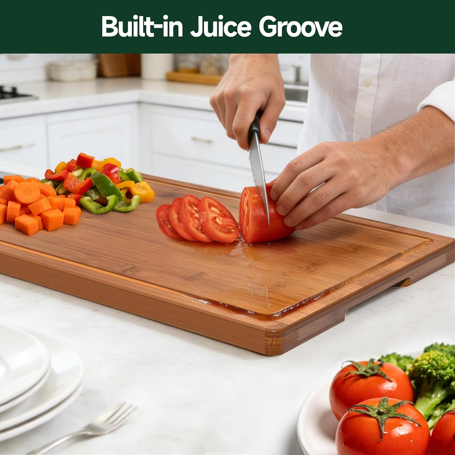 Moonval Bamboo Cutting Board Set, 3-Piece Carbonized Wood Chopping Boards with Juice Grooves