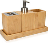 Moonval Bamboo Bathroom Accessories Set, 4-Piece Bathroom Organizer with Soap Dispenser