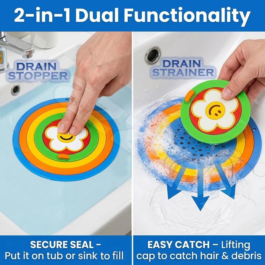 Moonval 2-in-1 Silicone Drain Cover, Hair Catcher and Stopper for Sink, Shower and Tub