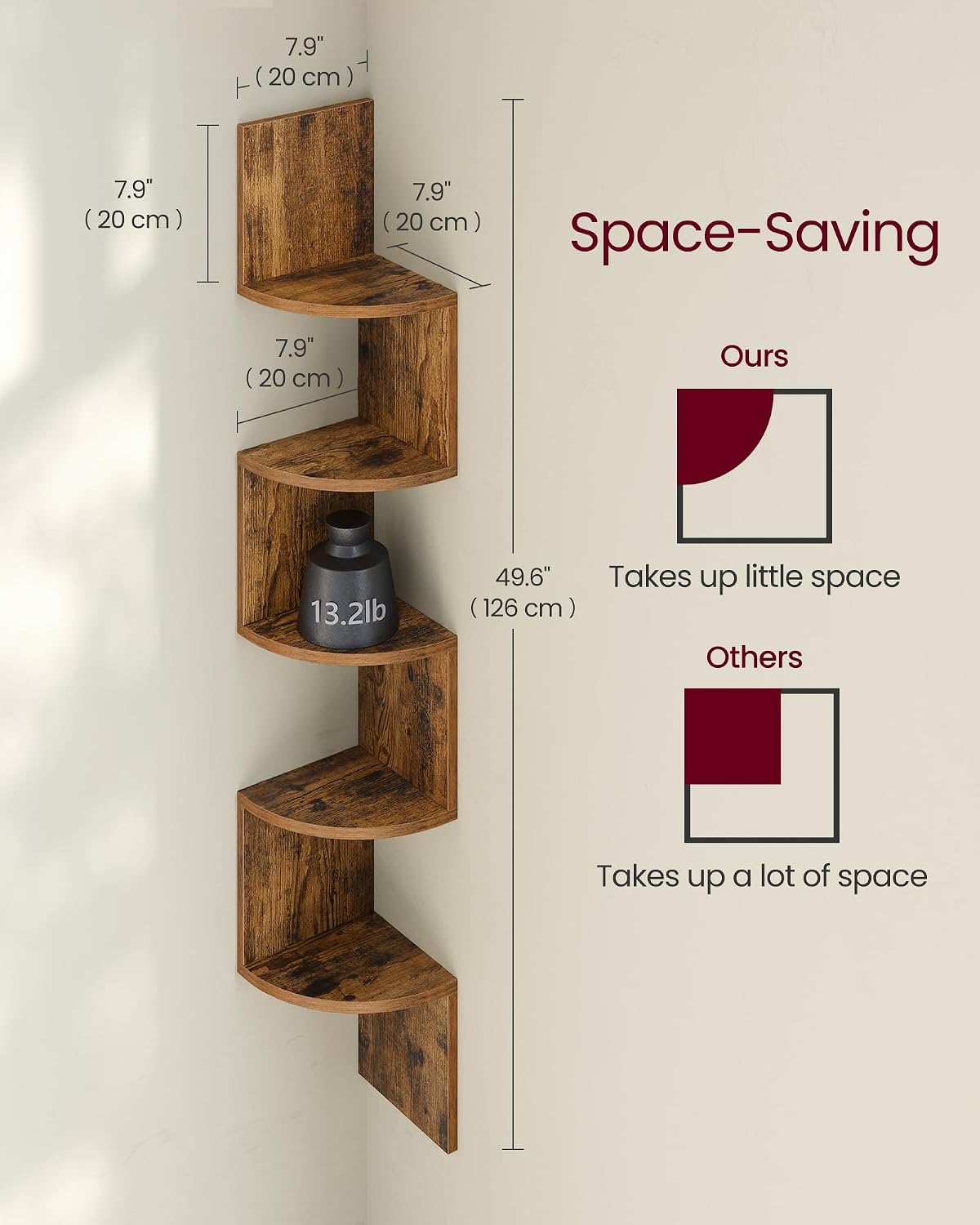Moonval Corner Wall Shelf, 5-Tier Floating Corner Bookshelf for Home Storage & Display, Rustic Brown