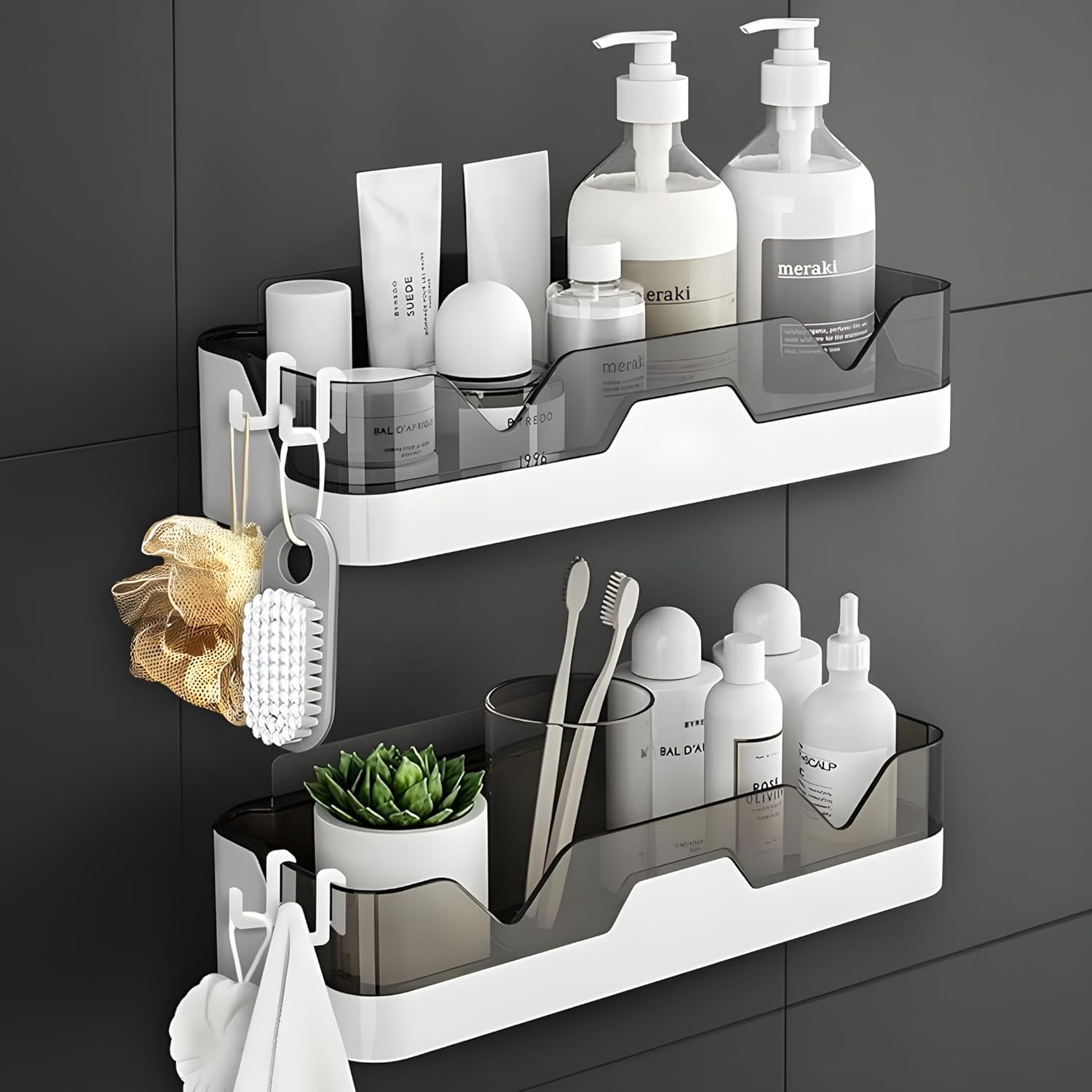 Moonval Adhesive Organizer Shelves, Bathroom & Kitchen Wall Storage with Hooks, 2-Pack