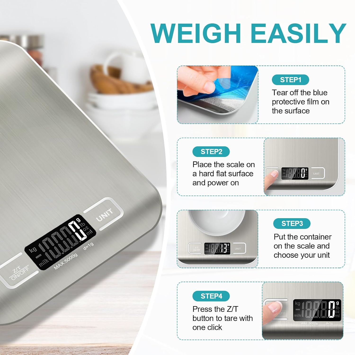 Moonval Digital Kitchen Food Scale, Stainless Steel 11 lb Scale with LCD Display, Tare Function & 6 Units