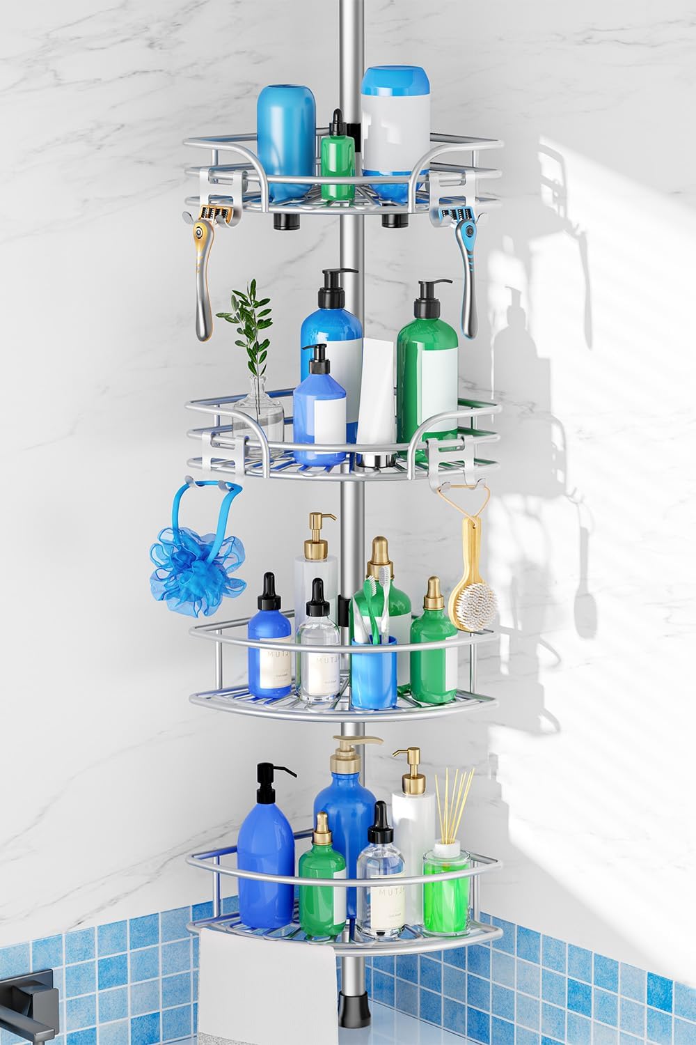 Moonval Corner Shower Caddy, 4-Tier Adjustable Rustproof Tension Pole Organizer with Towel Bar