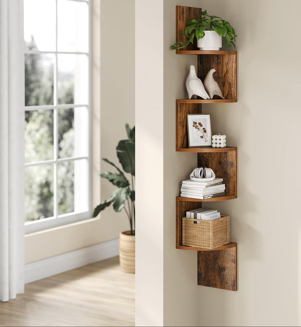 Moonval Corner Wall Shelf, 5-Tier Floating Corner Bookshelf for Home Storage & Display, Rustic Brown