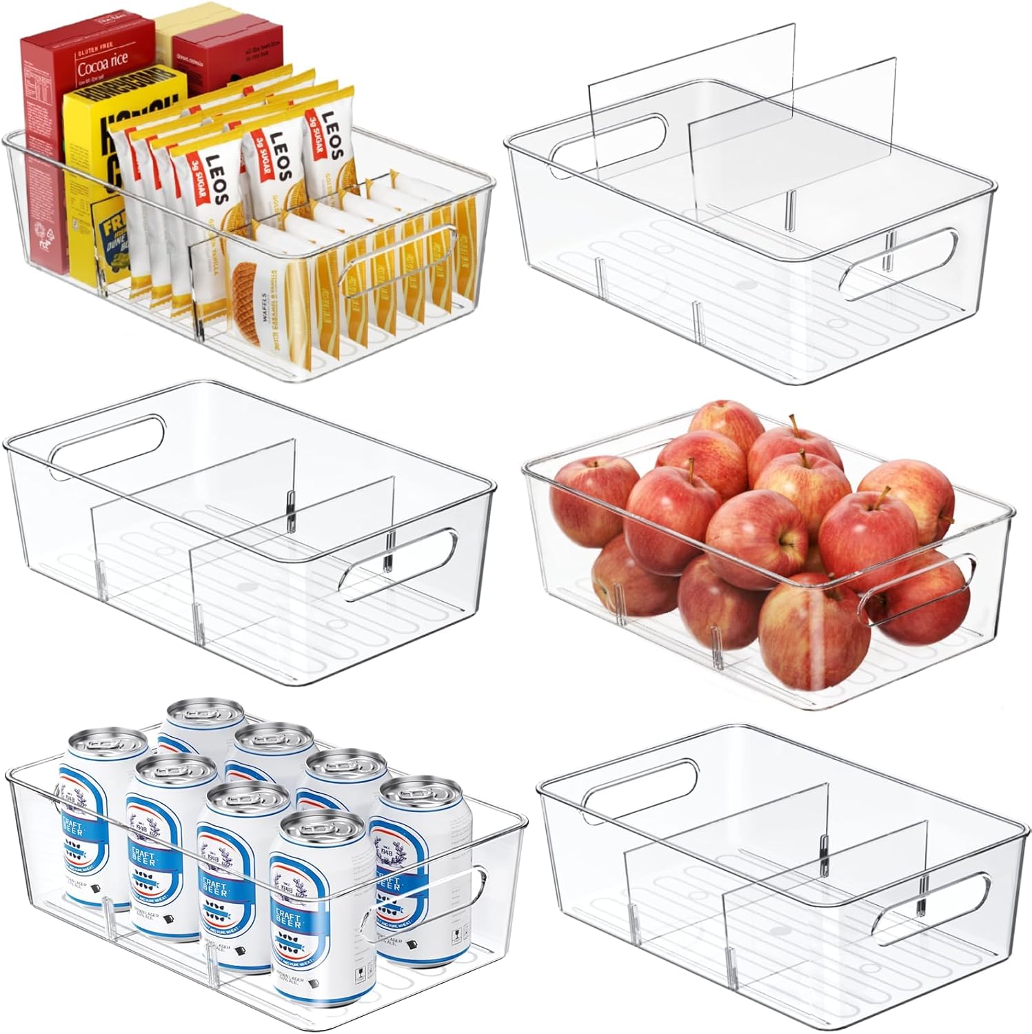 Moonval Pantry Storage Bins, 6-Pack Clear Organizers with Removable Dividers for Kitchen & Refrigerator
