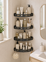 Moonval Corner Shower Caddy Set, 4-Pack Adhesive Bathroom Shelves with Hooks, Rustproof