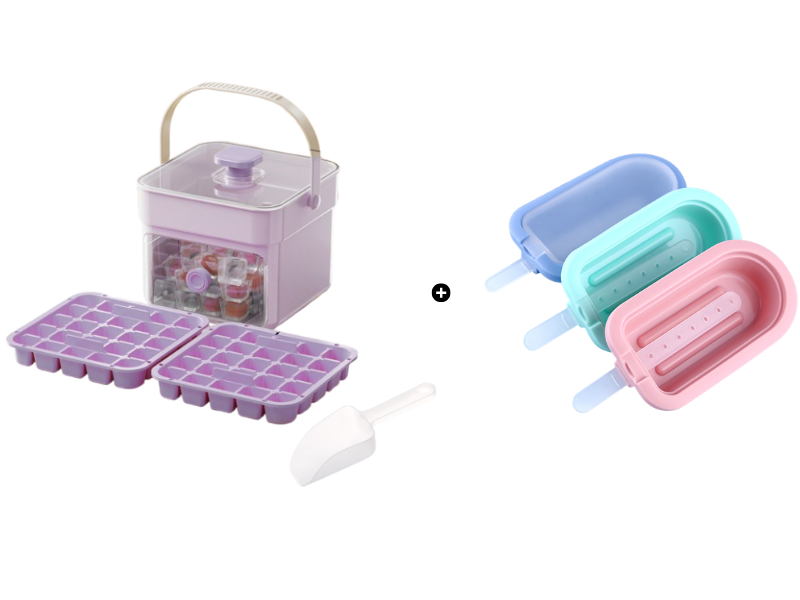 Moonval Ice Cube Maker Box, Press-to-Release Ice Tray with Storage Bin & Scoop