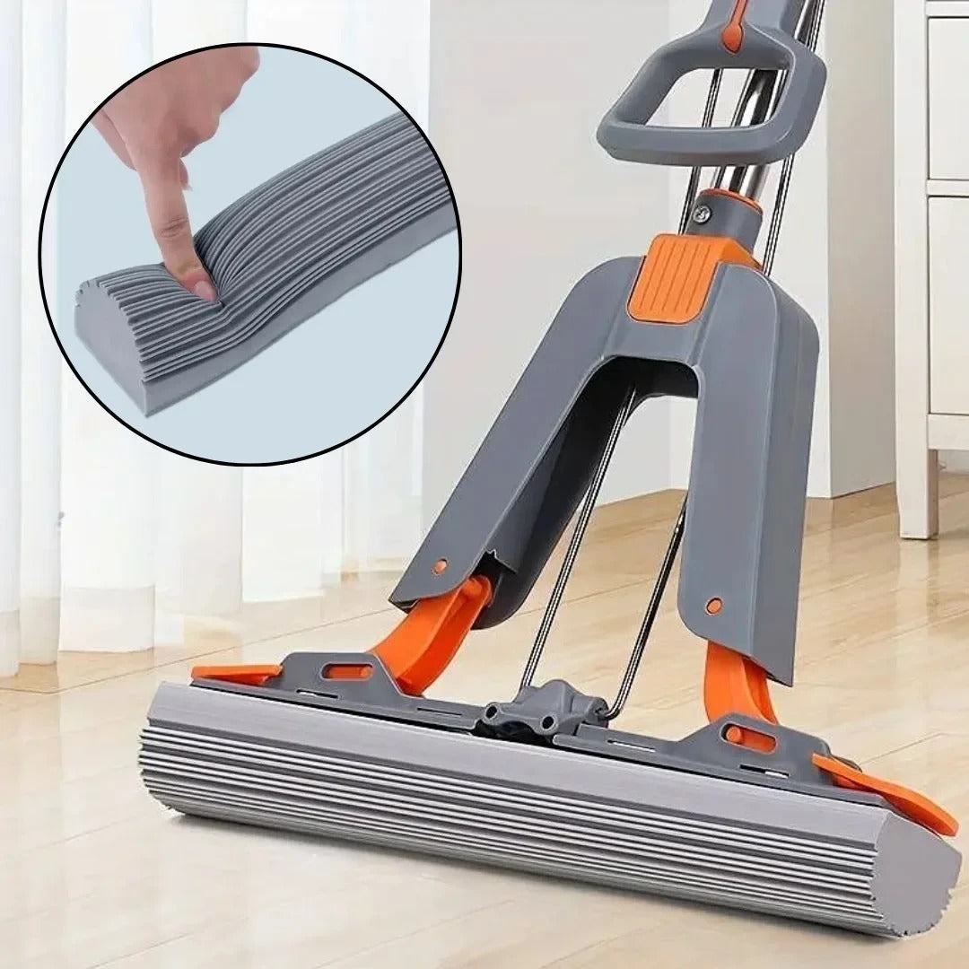 Moonval Self-Wringing Sponge Mop with Handle, 2-in-1 Squeeze Floor Mop for Wet & Dry Cleaning