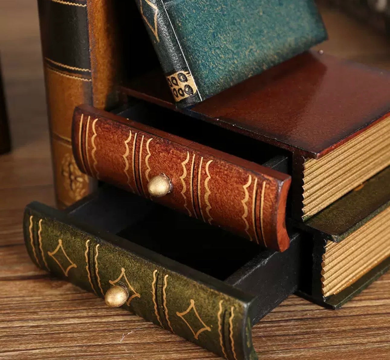 Moonval Decorative Bookend with Hidden Jewelry Drawers, Vintage Wooden Book Organizer