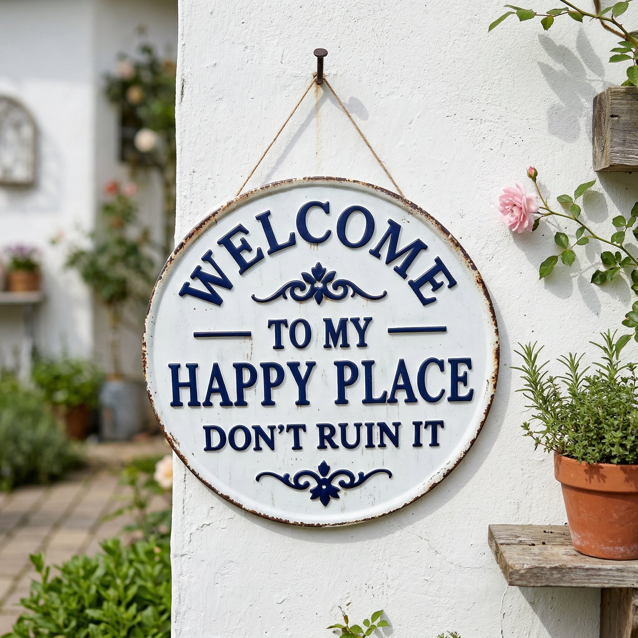 Moonval Vintage Metal Garden Sign, Round Welcome Wall Plaque for Outdoor Patio, Porch & Yard Decor