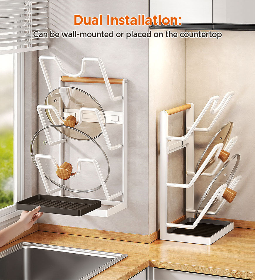 Moonval Wall-Mounted Pot Lid Rack, Drill-Free Kitchen Organizer with Drip Tray
