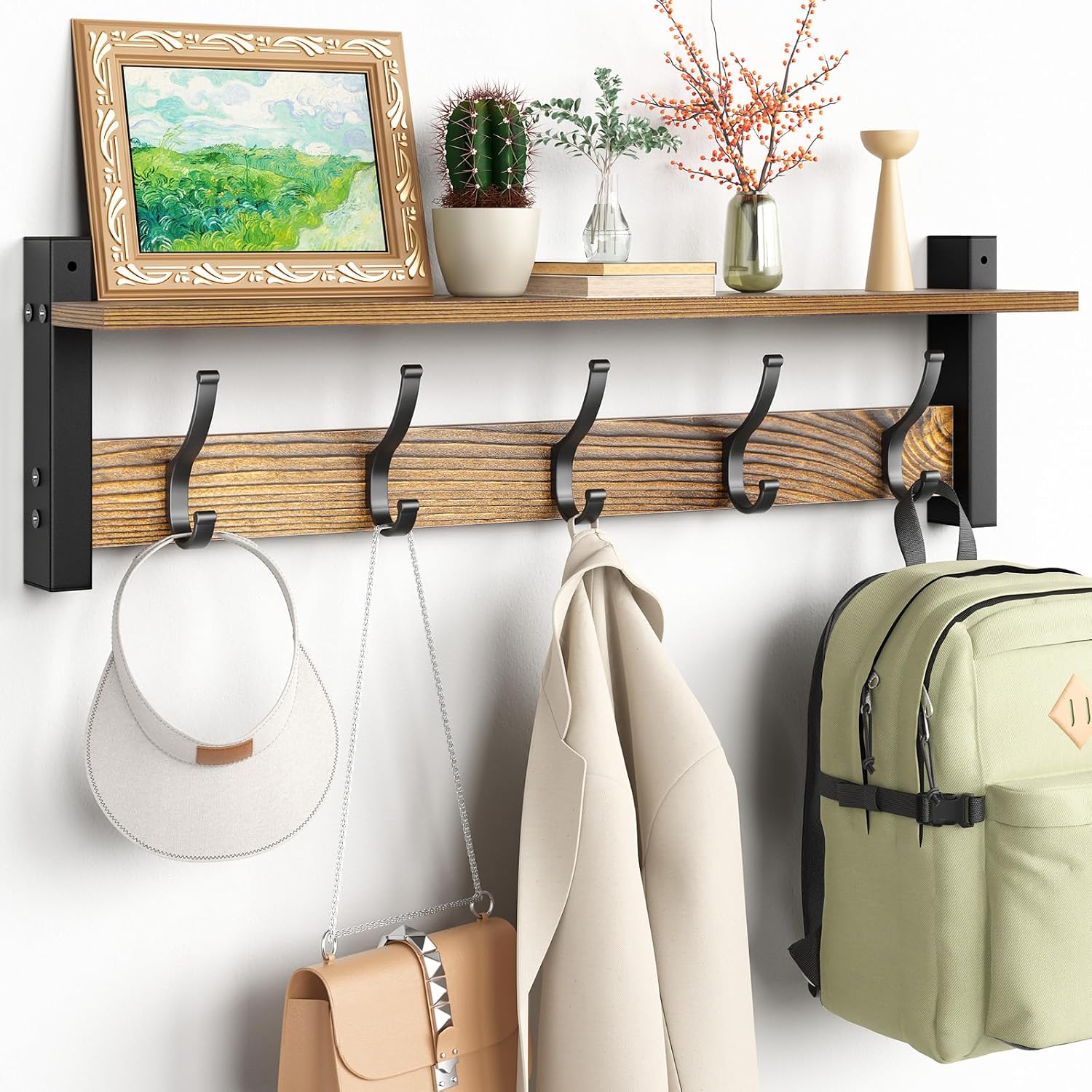 Moonval Wall Mounted Coat Rack, Entryway Shelf with 5 Metal Hooks for Coats, Keys, Hats & Bags