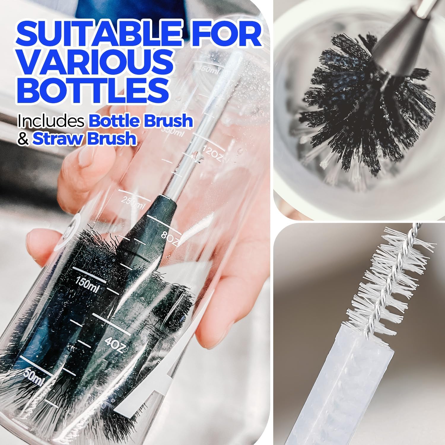 Moonval Bottle Brush Cleaner Set, 5-Piece Cleaning Brushes with Stainless Steel Handle for Bottles & Straws