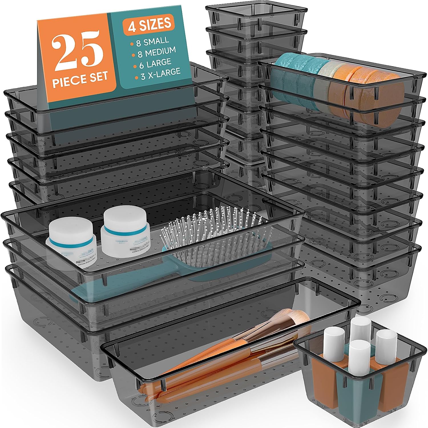 Moonval Clear Drawer Organizer Set, 25-Piece Plastic Storage Trays for Kitchen, Bathroom & Office