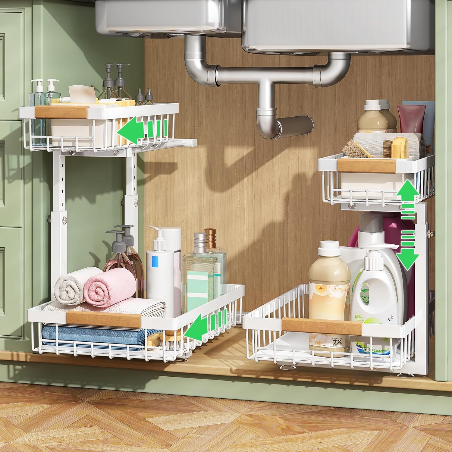 Moonval Under Sink Organizer, 2-Tier Sliding Cabinet Storage Shelf for Kitchen, Bathroom & Pantry