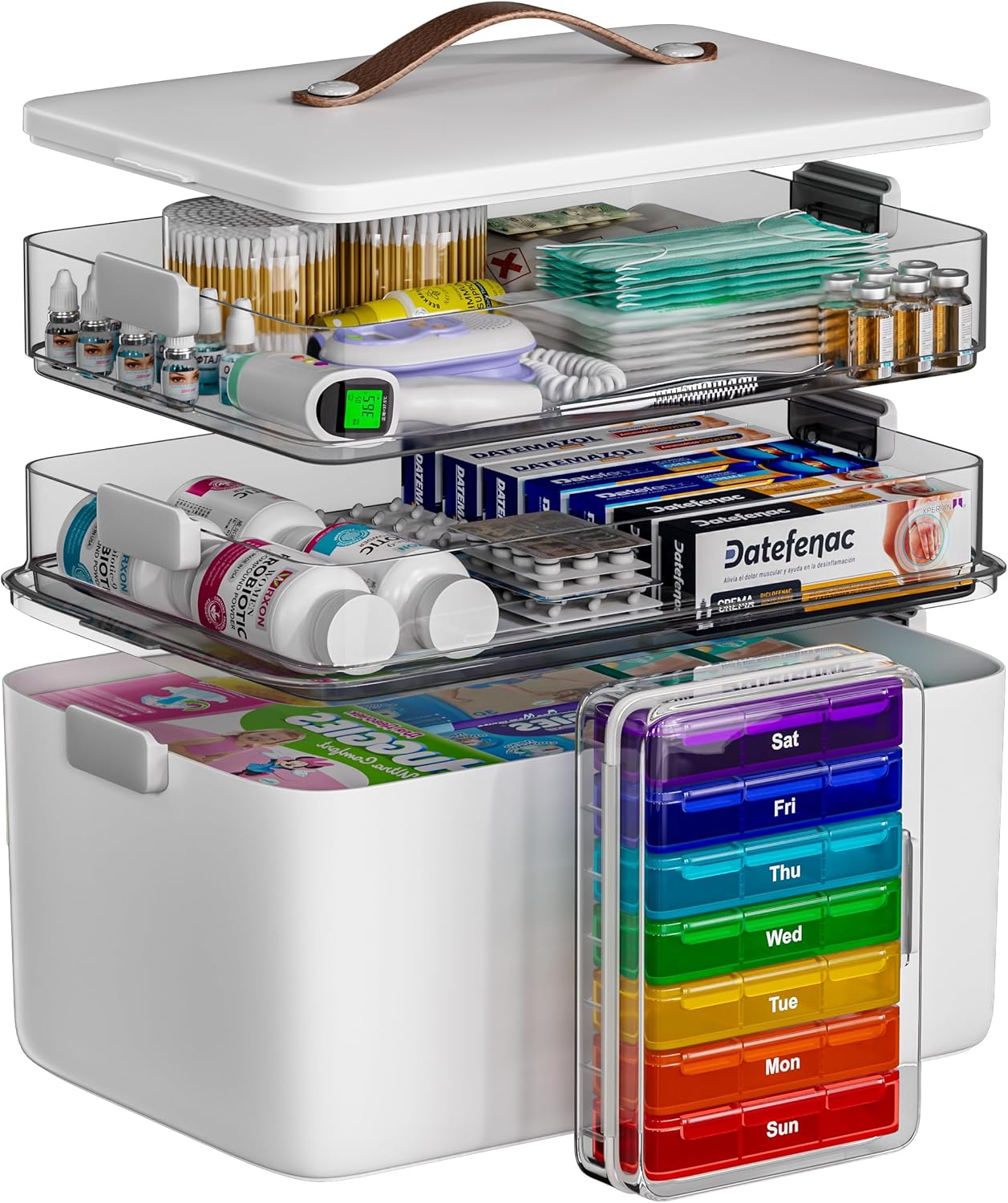 Moonval Medicine Organizer, 3-Tier Portable First Aid Storage Box with Leather Handle for Home