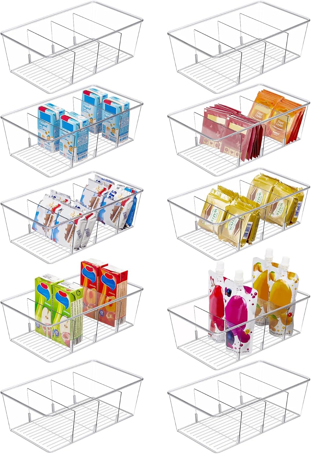 Moonval Food Storage Organizer Bins, Clear Pantry Containers with 4 Compartments for Snacks & Packets