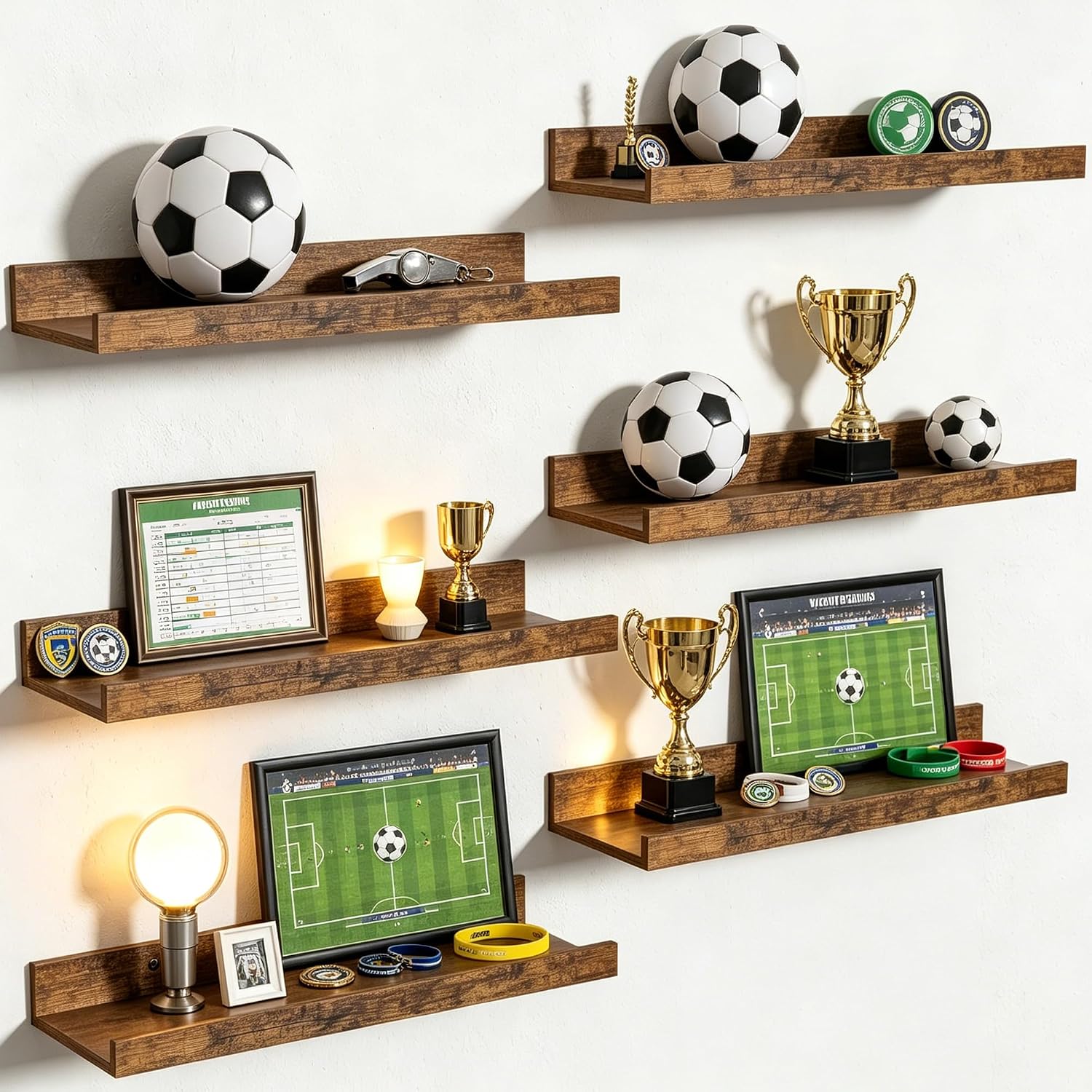 Moonval Floating Wall Shelves, Set of 6 Wood Storage & Display Shelves for Home Decor