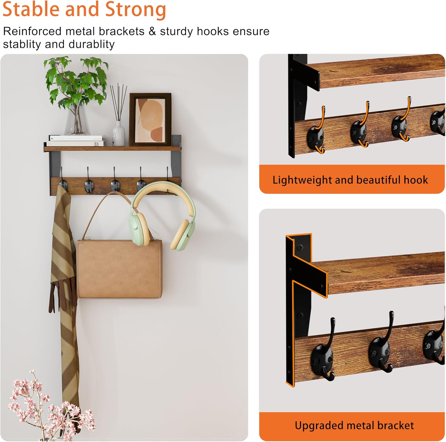 Moonval Wall Mounted Coat Rack, Wooden Shelf with 5 Metal Hooks for Entryway, Bathroom & Bedroom