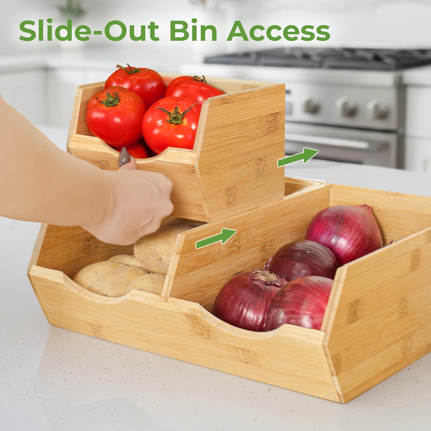 Moonval Bamboo Pantry Storage Bins, 3-Pack Stackable Potato & Onion Organizers with Slide-Out Access