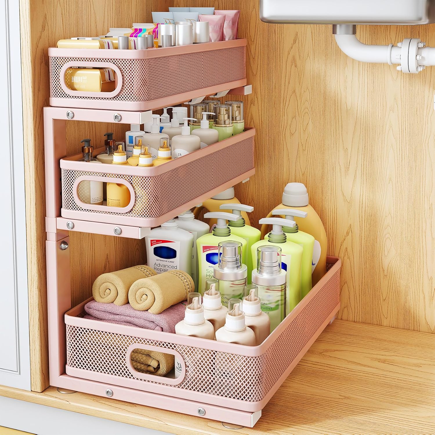 Moonval Under Sink Organizer, 3-Tier Height-Adjustable Sliding Metal Cabinet Shelf with Pull-Out Drawers
