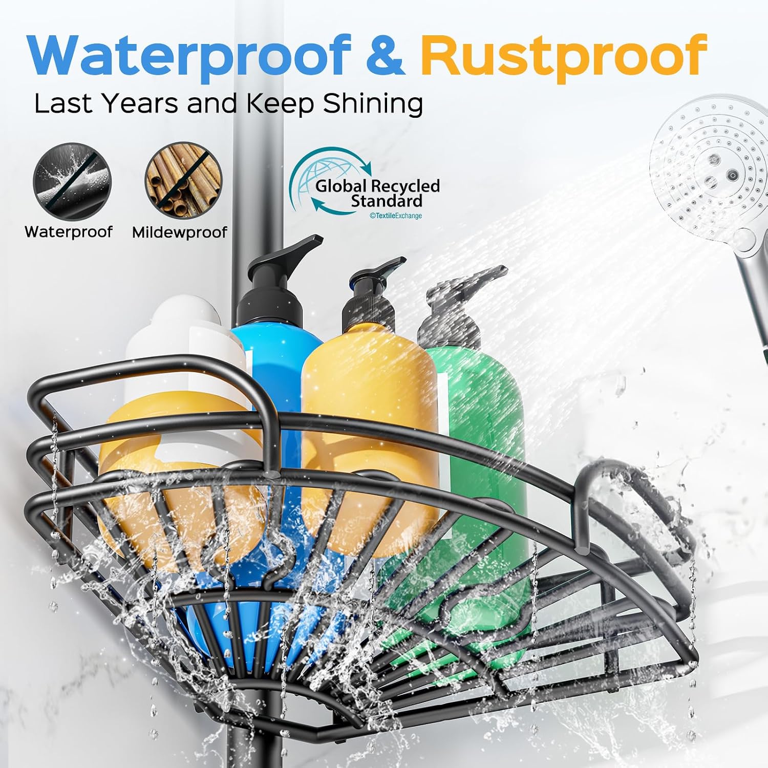 Moonval Corner Shower Caddy, 4-Tier Adjustable Rustproof Tension Pole Organizer with Towel Bar