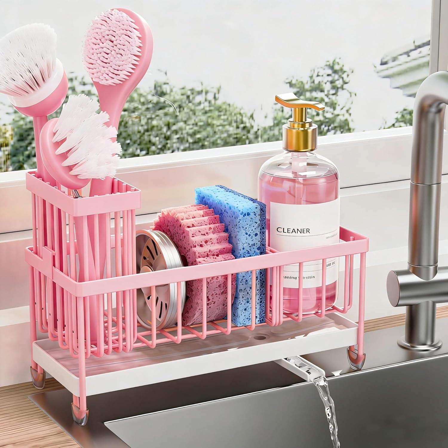 Moonval Kitchen Sink Caddy, 304 Stainless Steel Sponge Holder with Removable Brush Rack