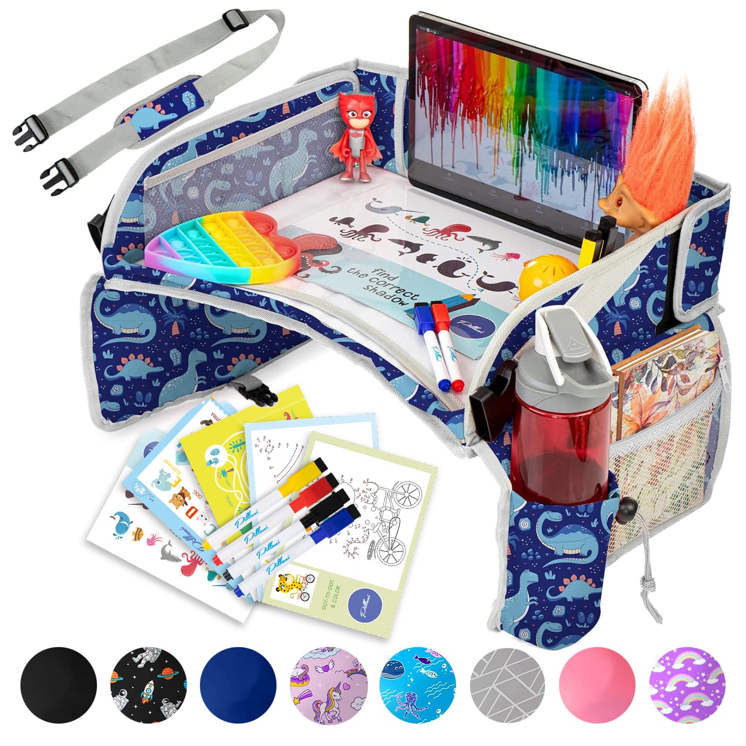 Moonval Kids Travel Tray, Car Seat Activity Lap Desk with Storage Pockets, Activity Sheets & Pens