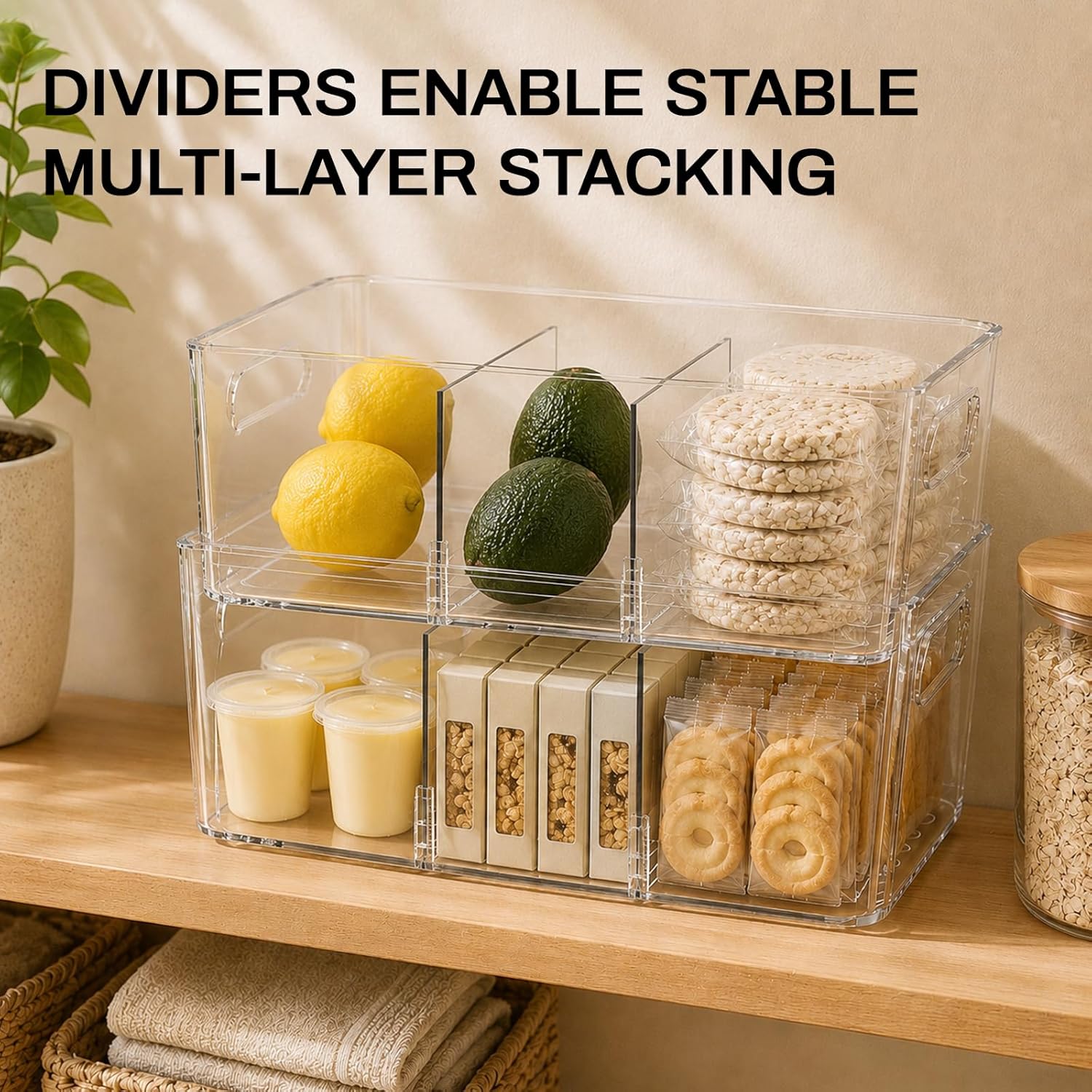Moonval Pantry Storage Bins, 6-Pack Clear Organizers with Removable Dividers for Kitchen & Refrigerator