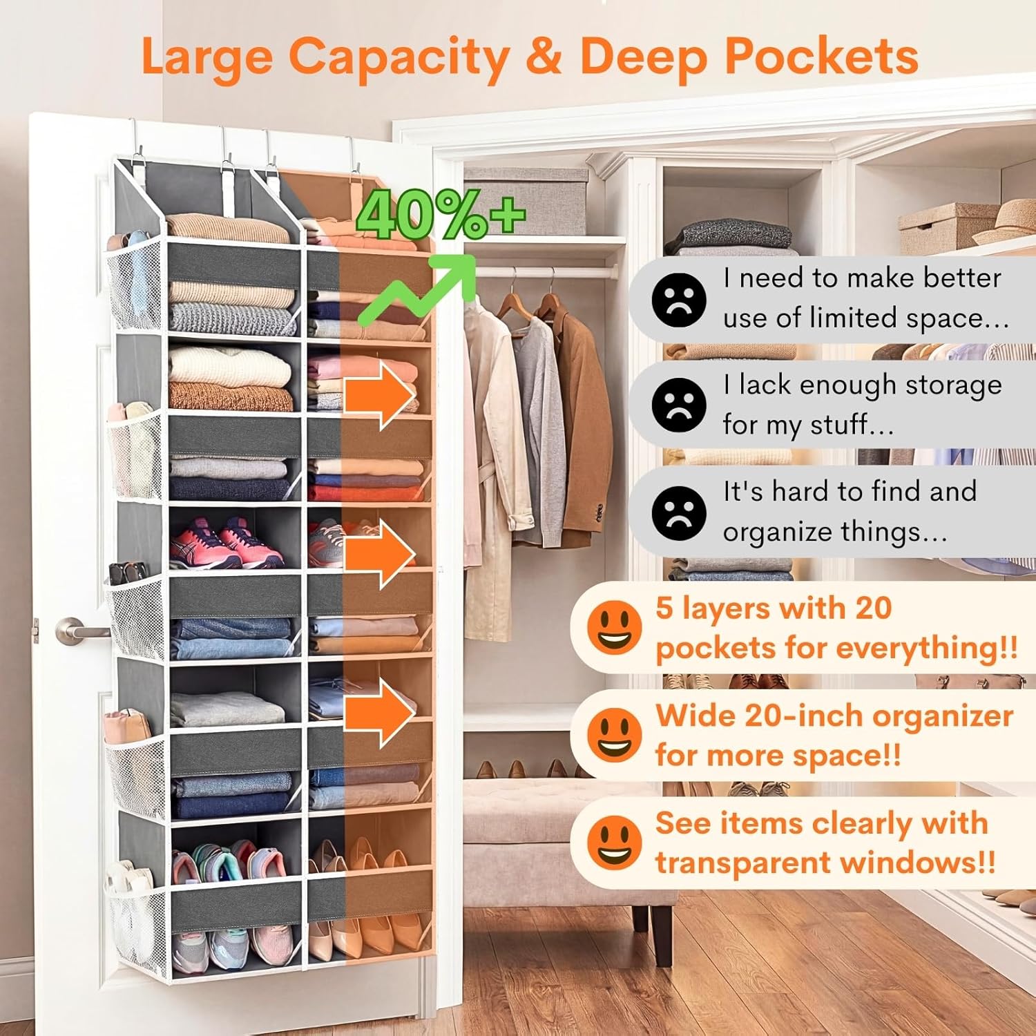 Moonval Over-the-Door Organizer, 5-Tier Hanging Storage with 10 Compartments, 80 lb Capacity
