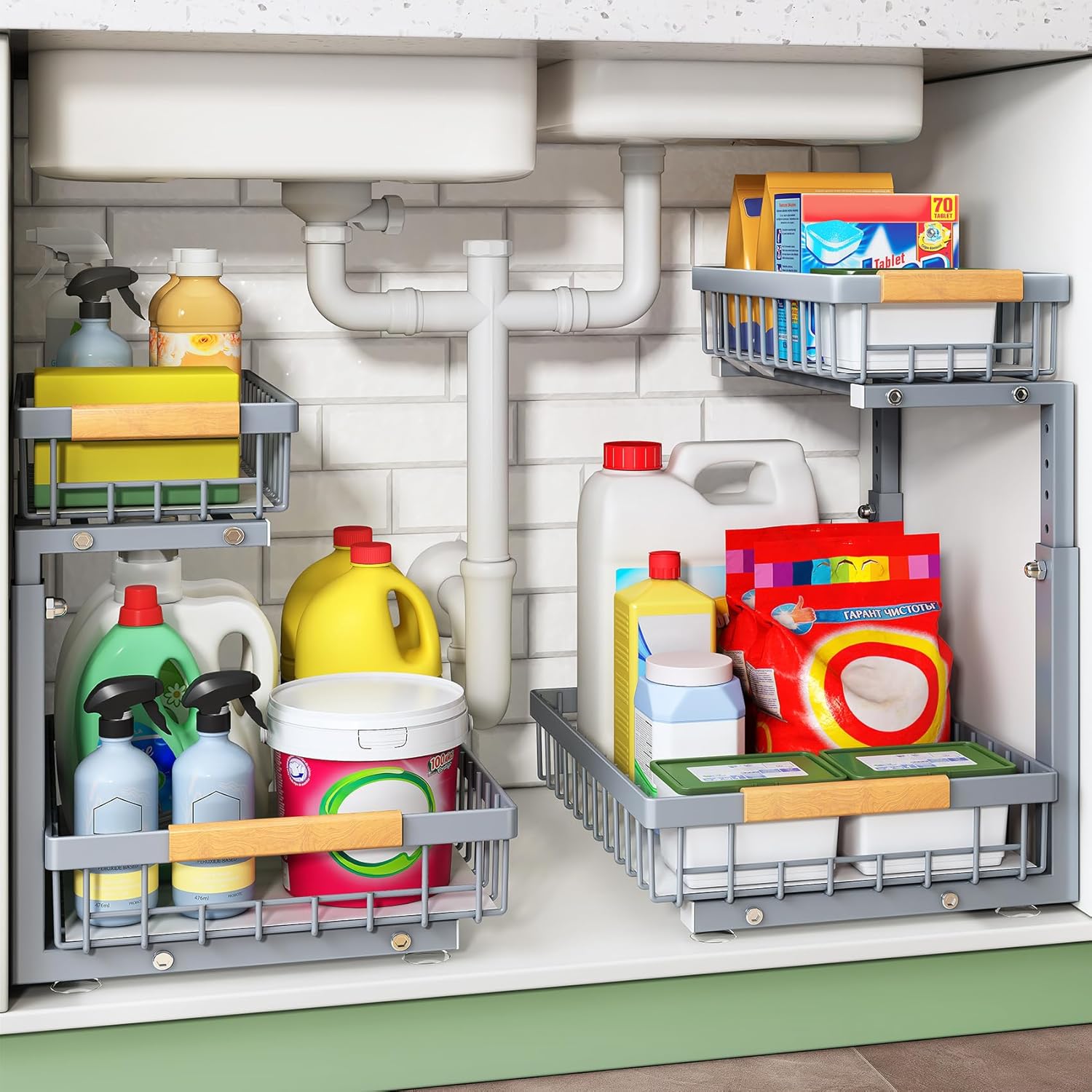 Moonval Under Sink Organizer, 2-Tier Sliding Cabinet Storage Shelf for Kitchen, Bathroom & Pantry